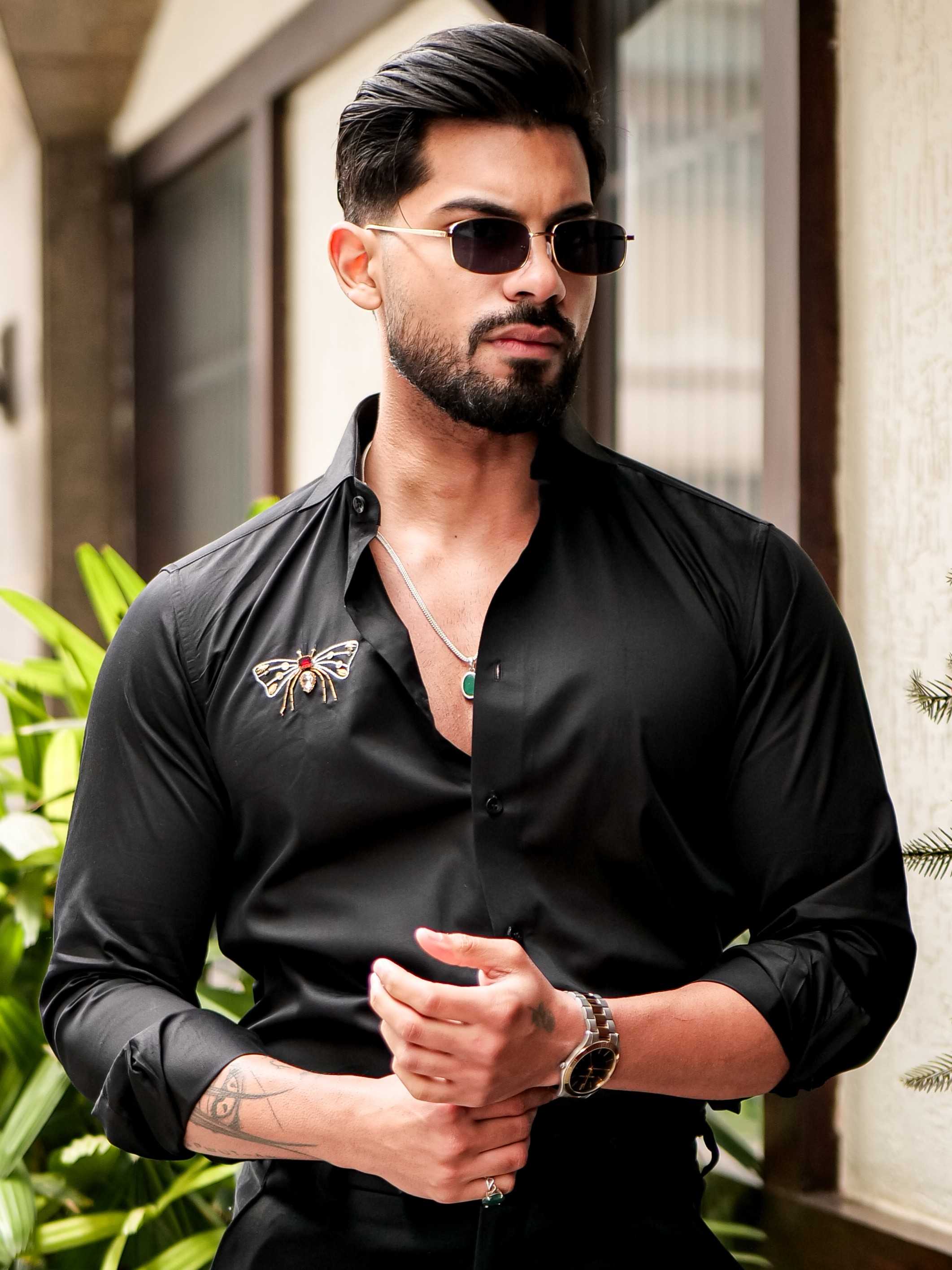 FOOMER BLACK RHINESTONE HAND WORK DESIGNER SATIN COTTON SHIRT FOR
