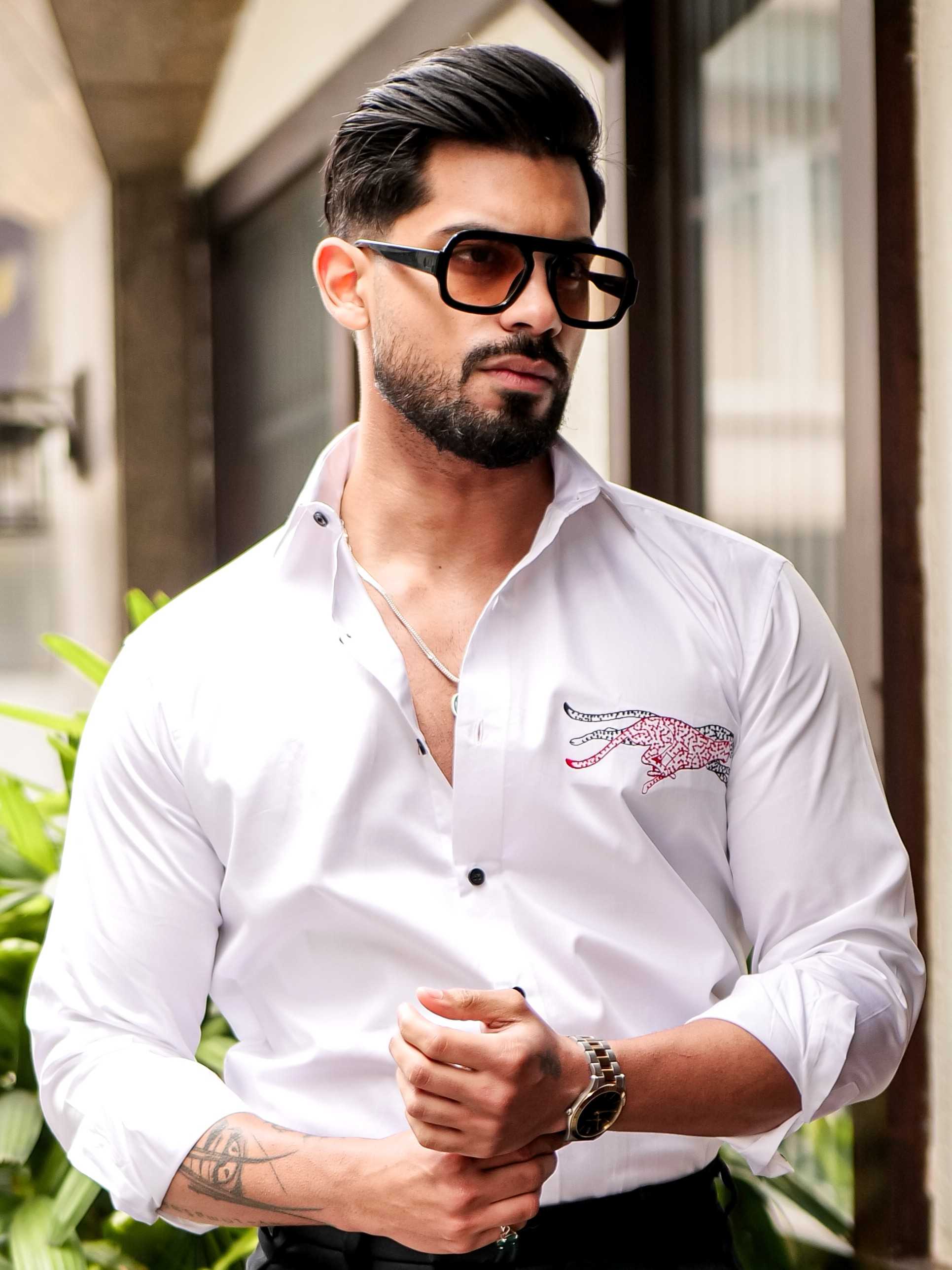 WHITE CLUB WEAR EMBROIDERY SATIN COTTON MEN'S SHIRT