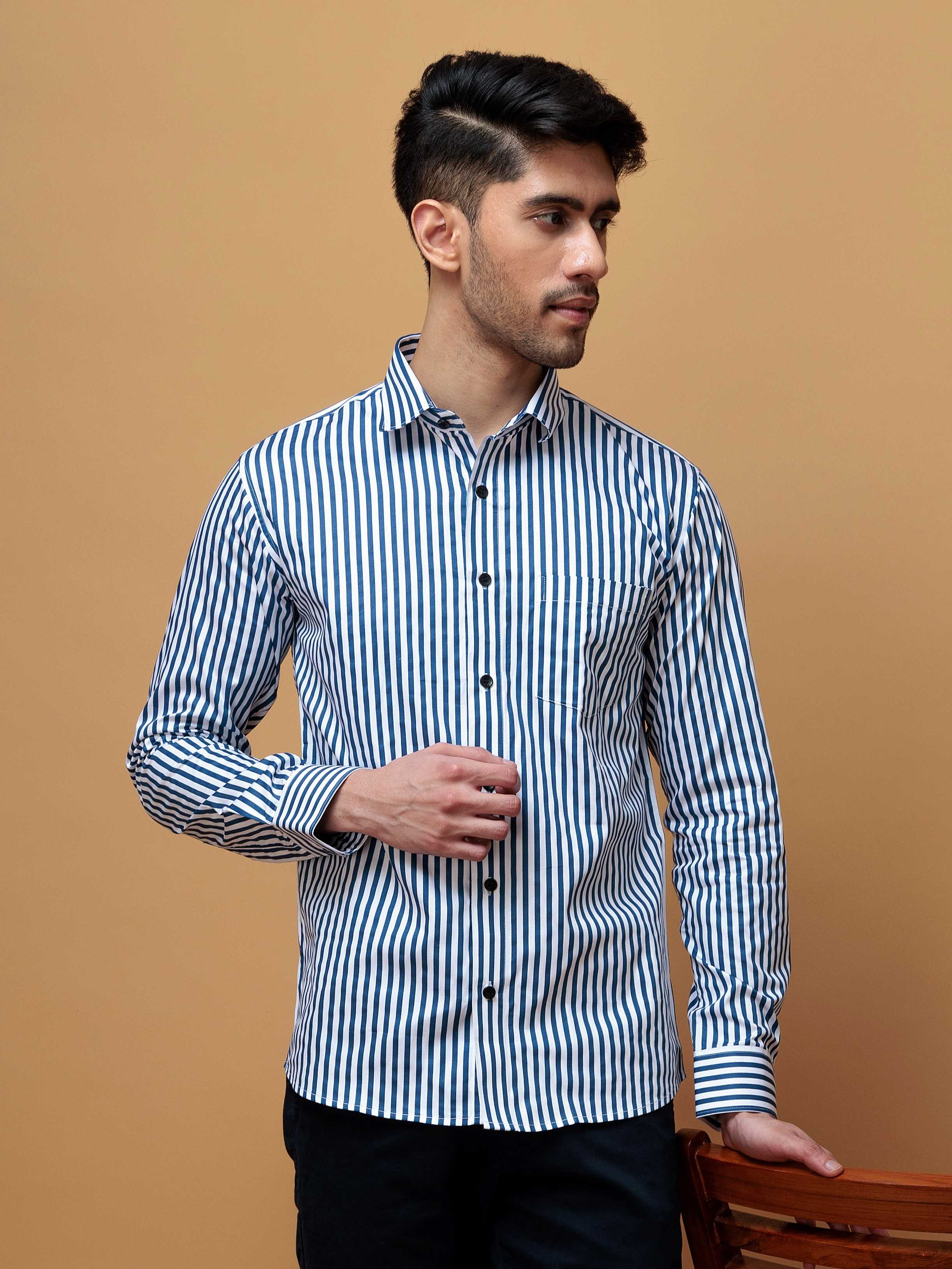 BLUE STRIPED COTTON REGULAR FIT MEN&#39;S CASUAL SHIRT FOR MEN&#39;S