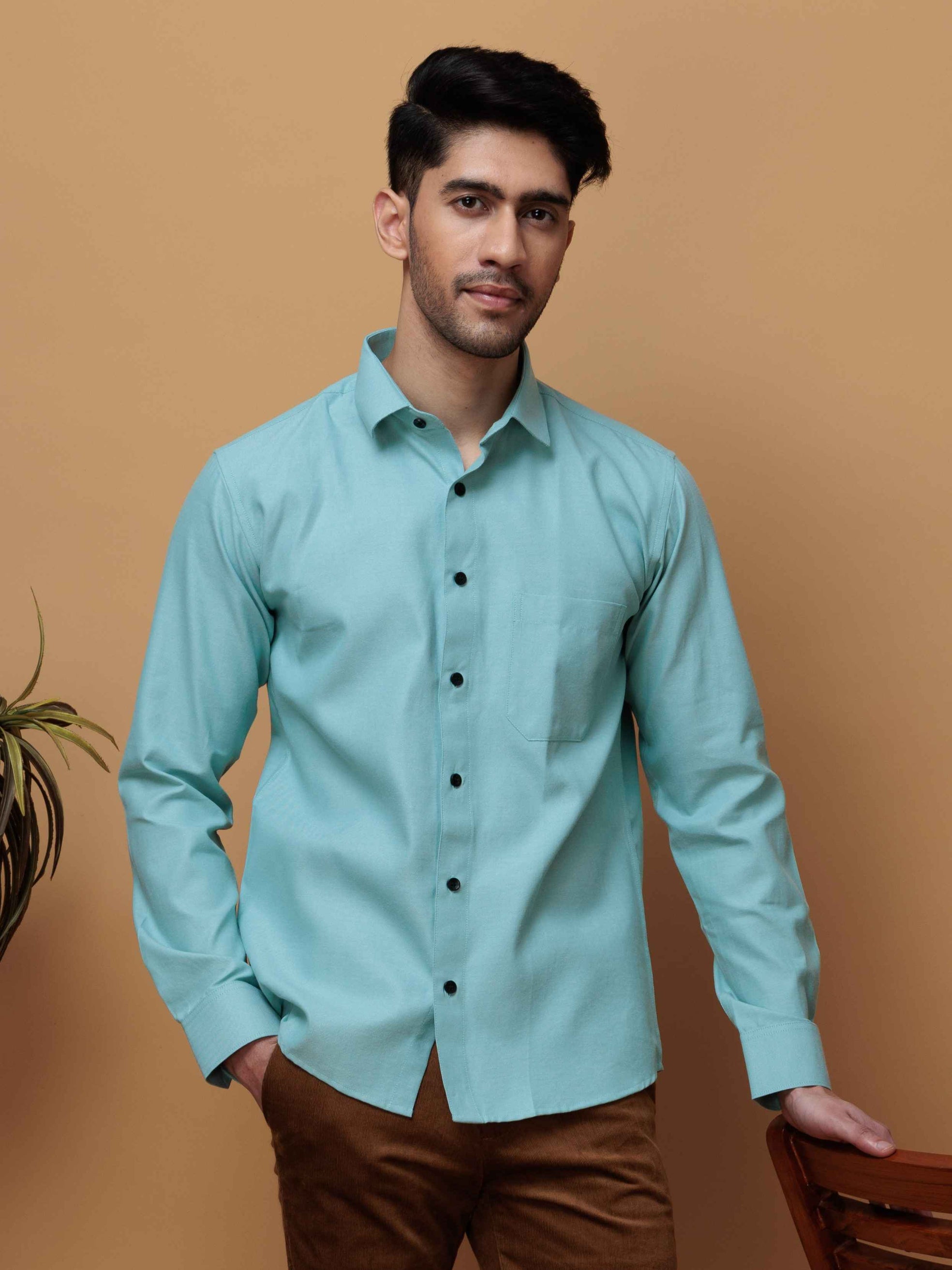 FORMAL CYAN PLAIN OXFORD COTTON CASUAL SHIRT FOR MEN'S