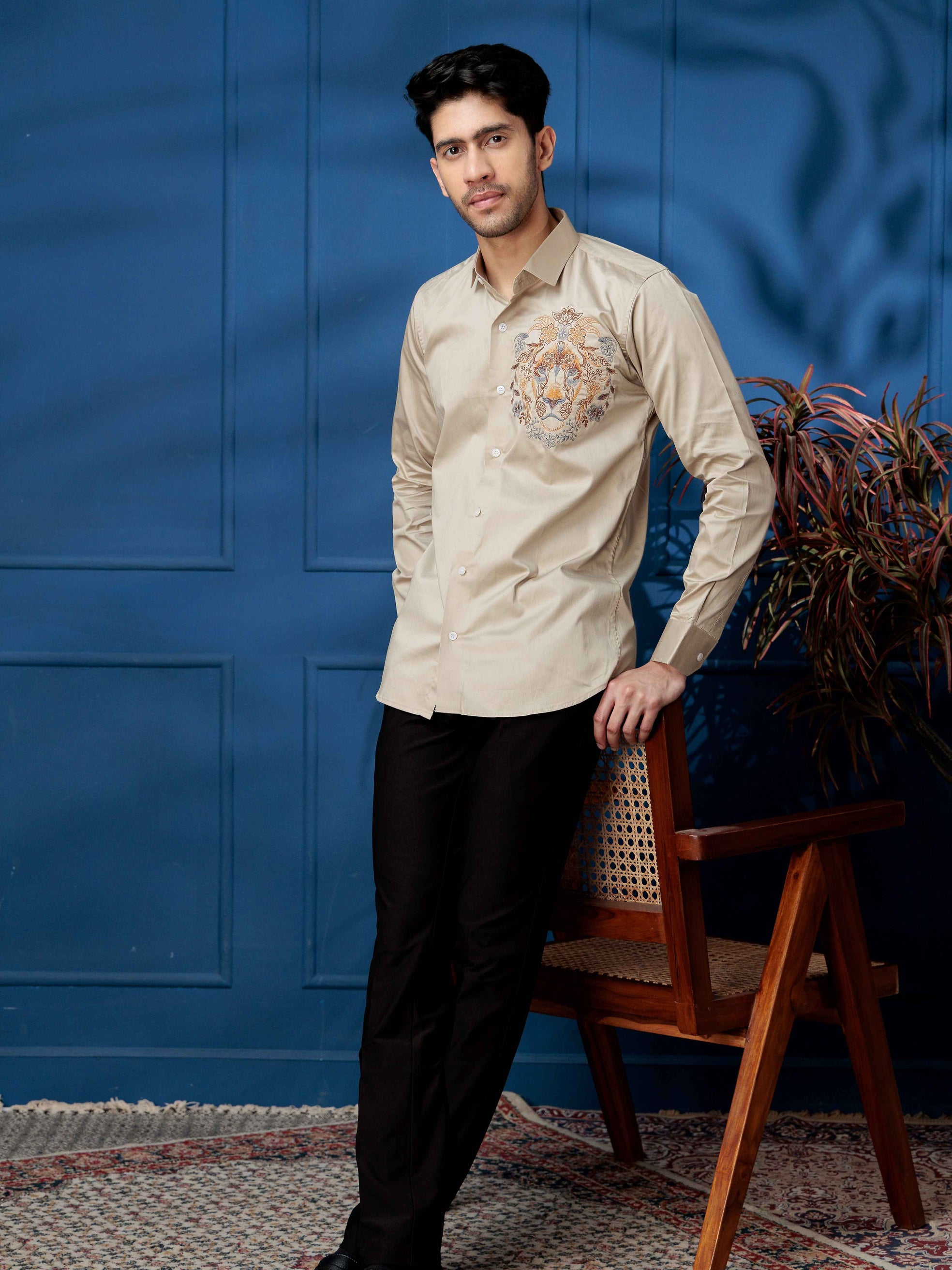 FOOMER CREAM LION EMBROIDERED CLUB WEAR SATIN COTTON SHIRT