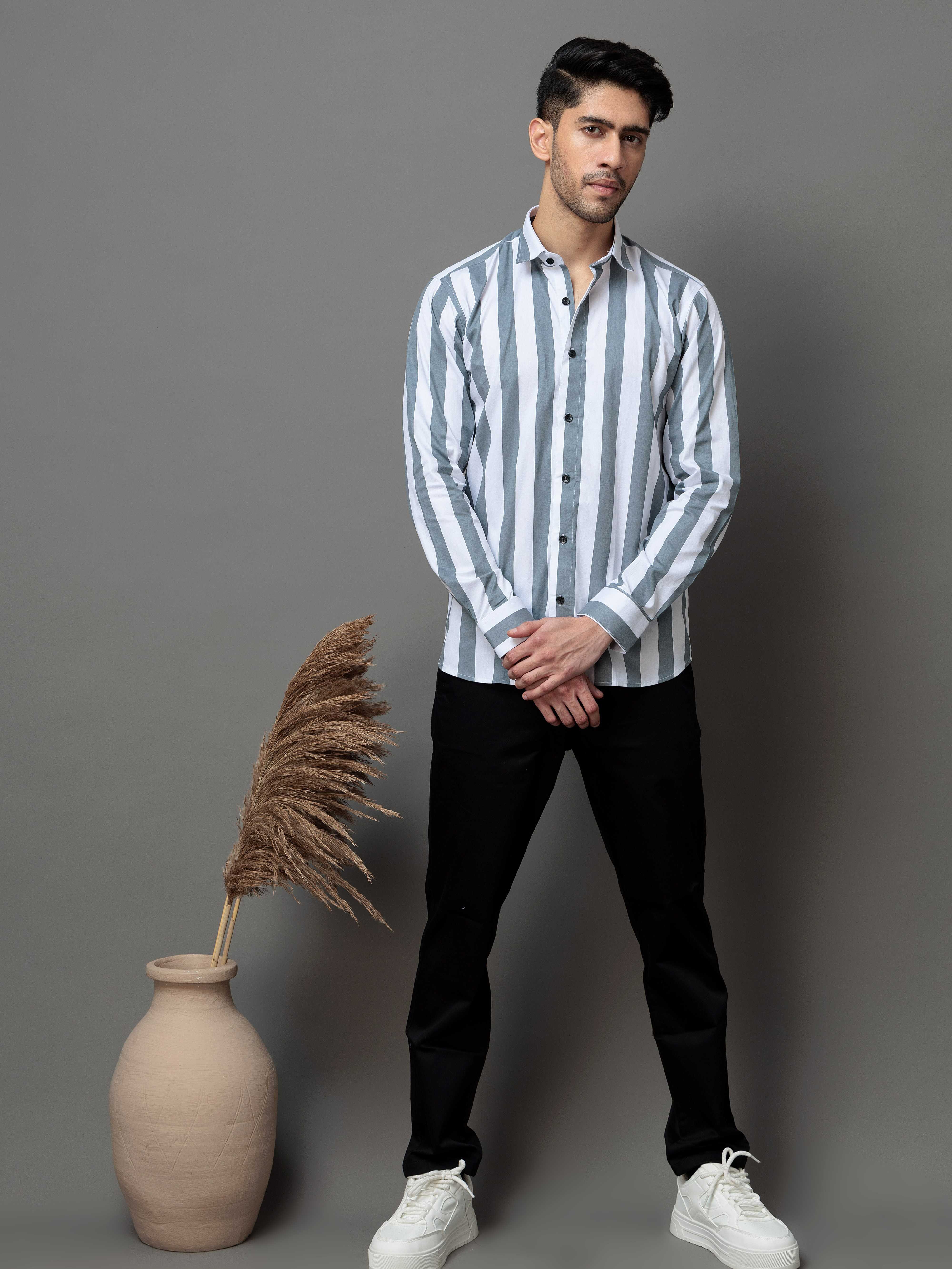 GREY STRIPED COTTON CASUAL SHIRT FOR MEN&#39;S