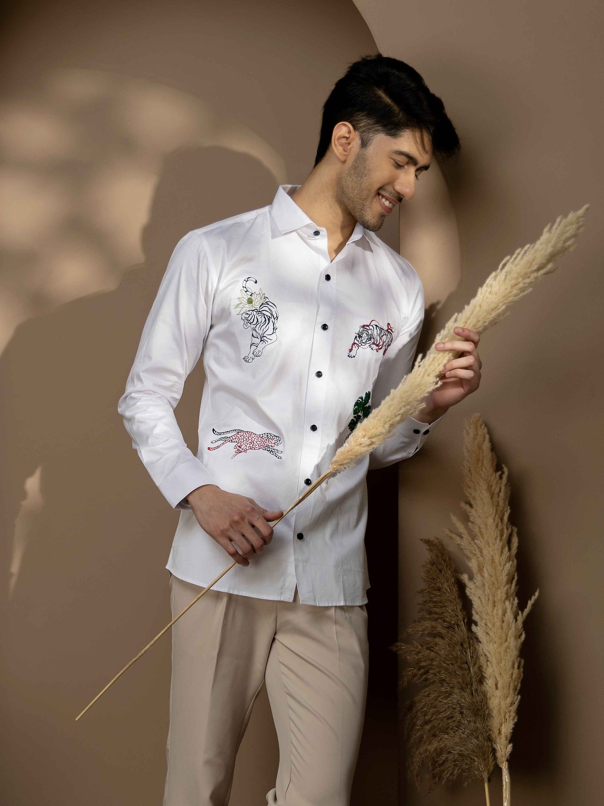 FOOMER ZOO EMBROIDERED WHITE LUXURY COTTON SHIRT FOR MEN