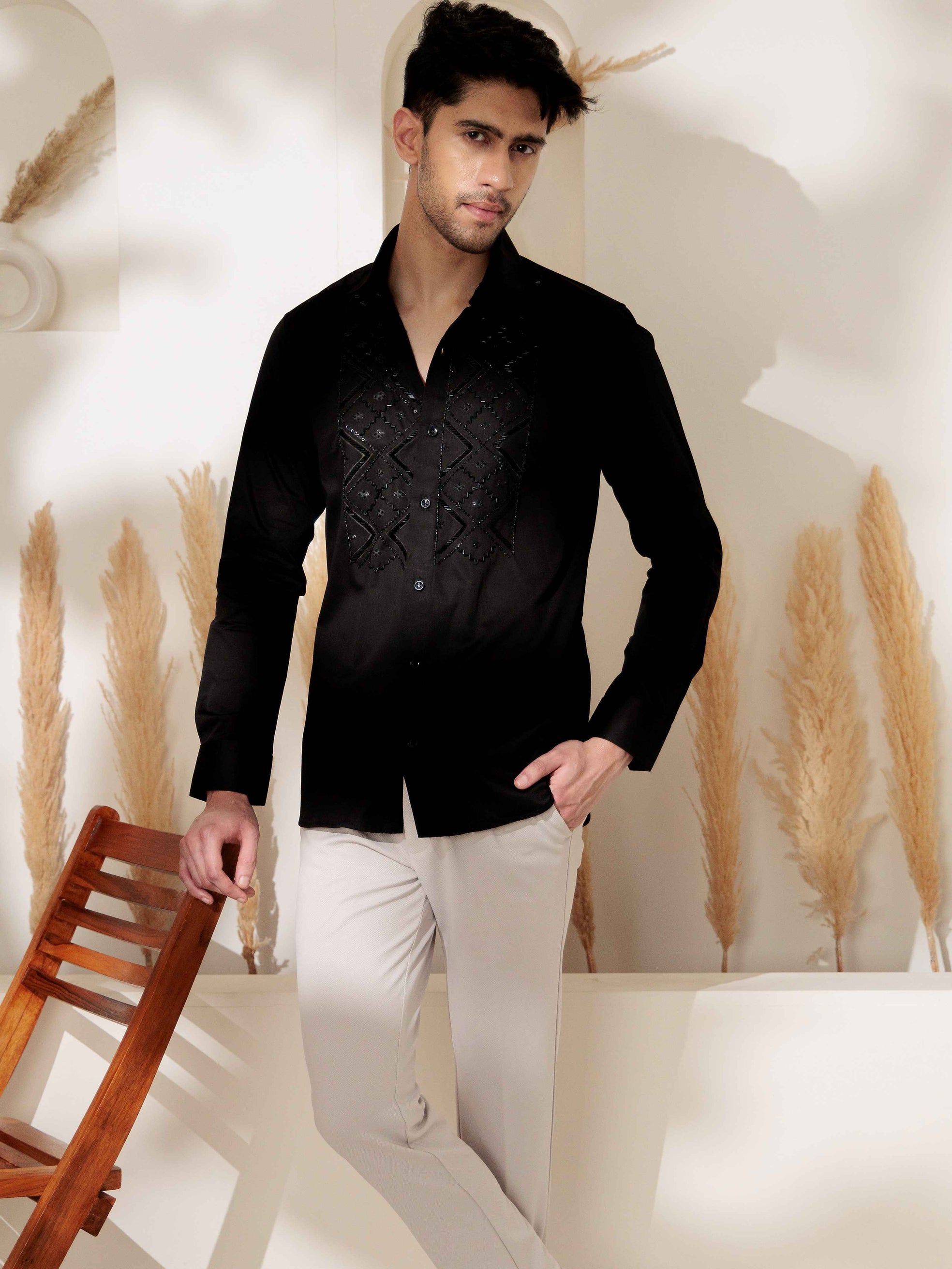 FOOMER BLACK RHINESTONE HAND WORK SATIN COTTON SHIRT FOR MEN