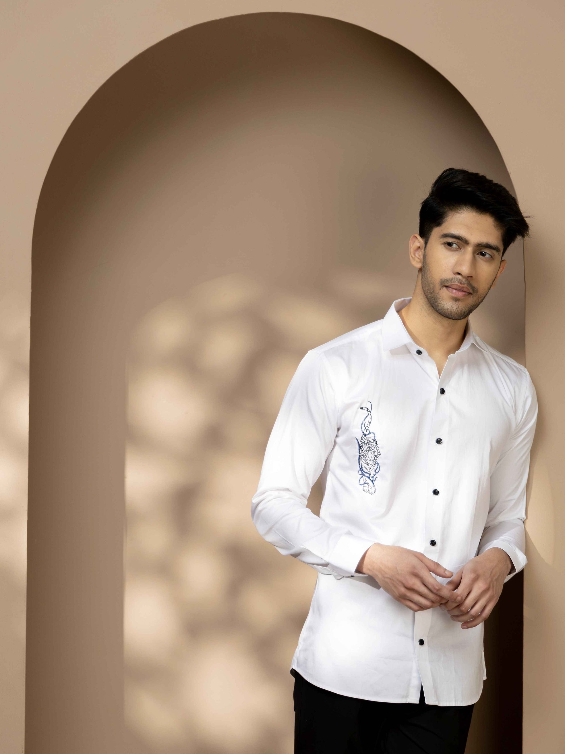 FOOMER WHITE EMBROIDERY SATIN COTTON SHIRT FOR MEN