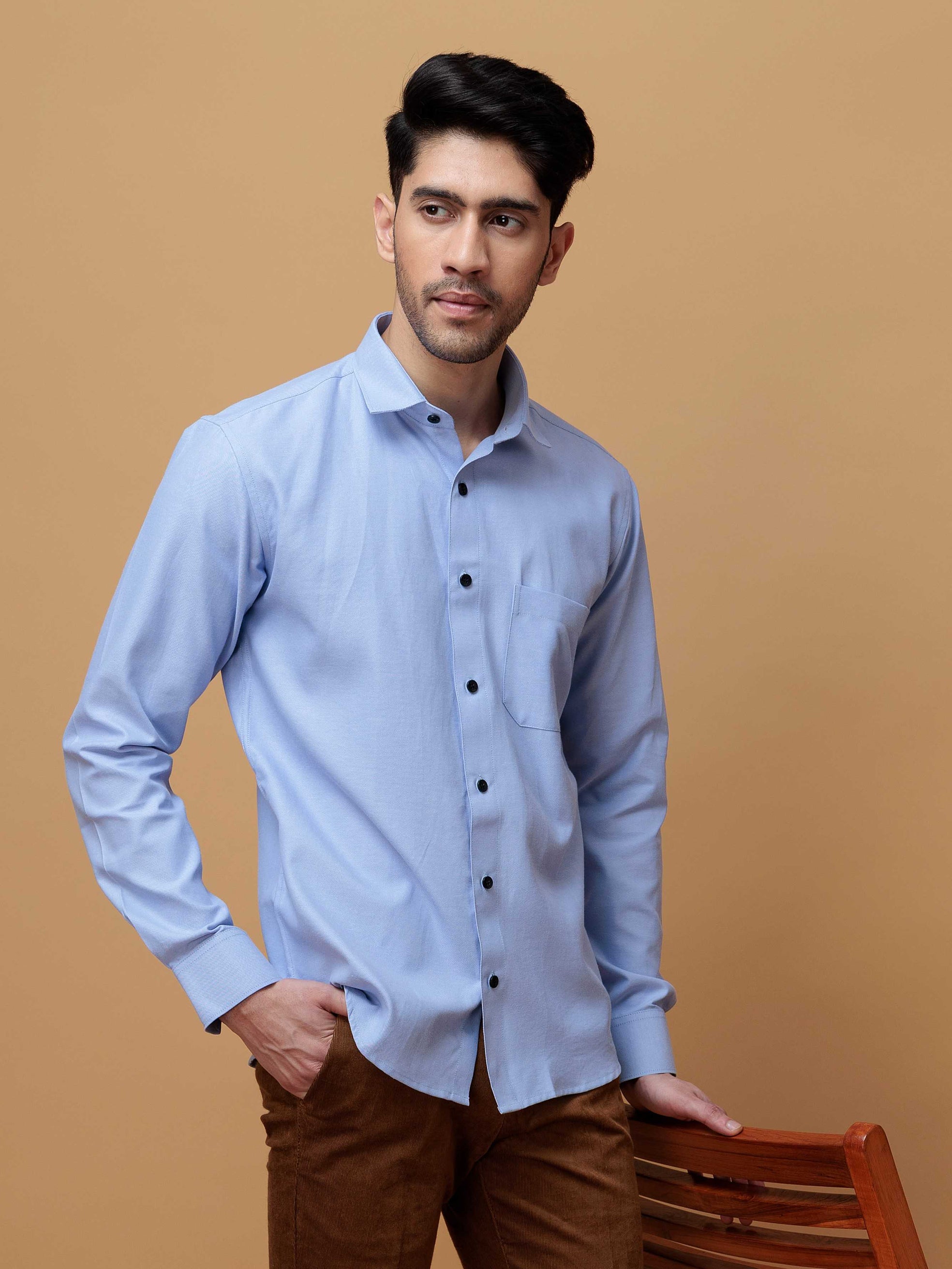 FORMAL SKY BLUE PLAIN OXFORD COTTON CASUAL SHIRT FOR MEN'S