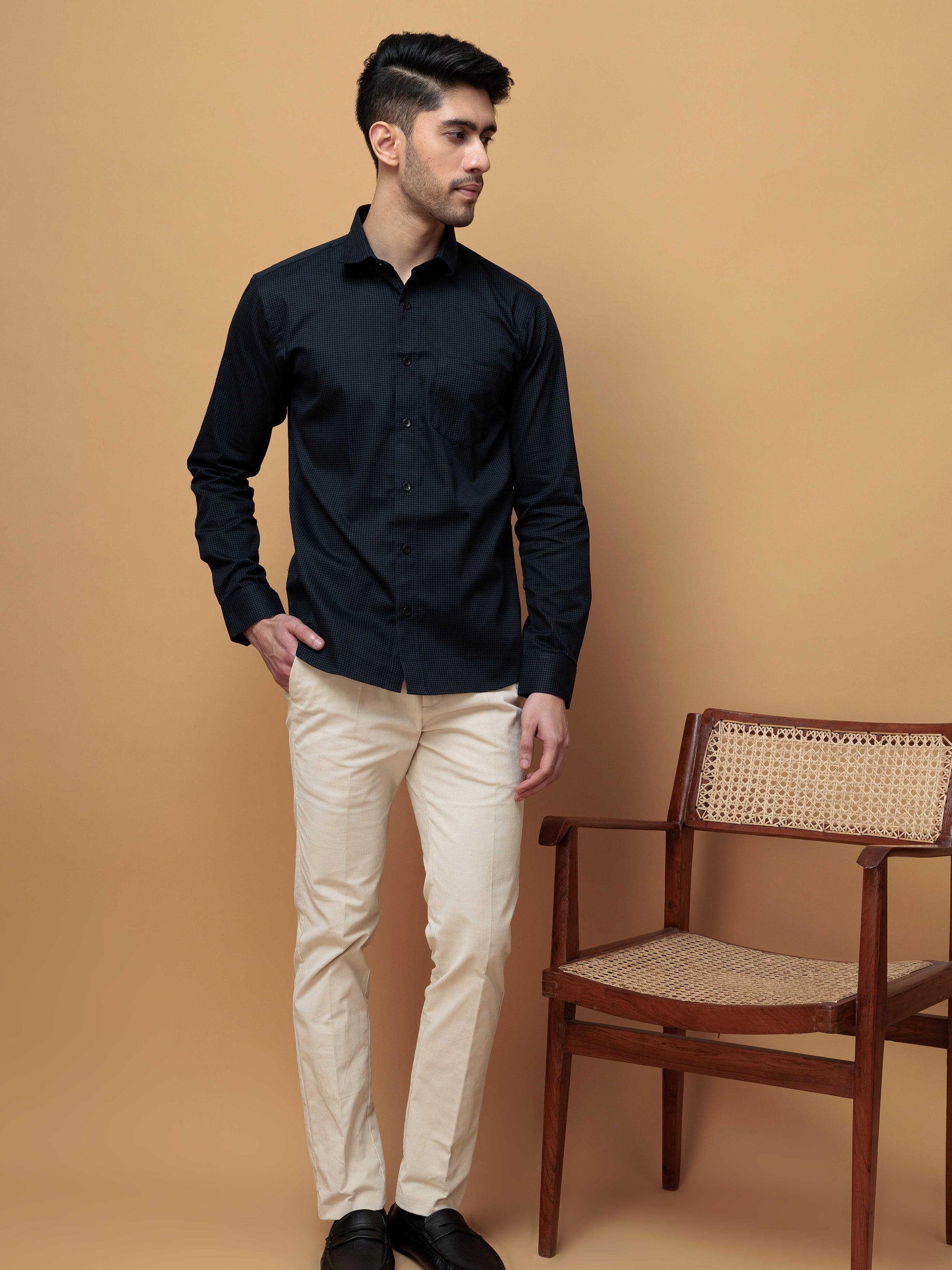 FOOMER NAVY MINI CHECKED COTTON CASUAL SHIRT FOE MEN'S