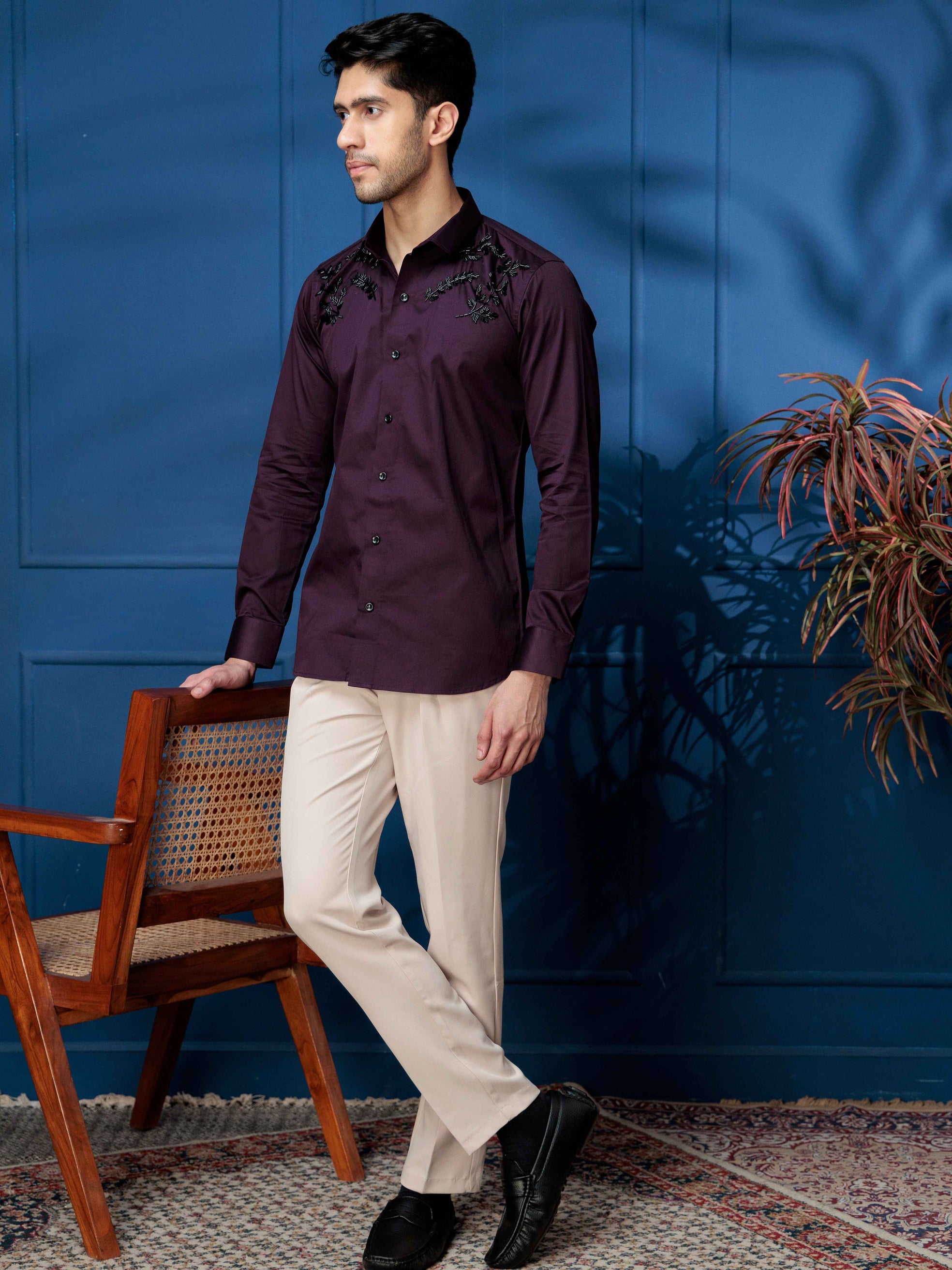 FOOMER WAVE HD RHINESTONE HAND WORK SATIN COTTON SHIRT FOR MEN