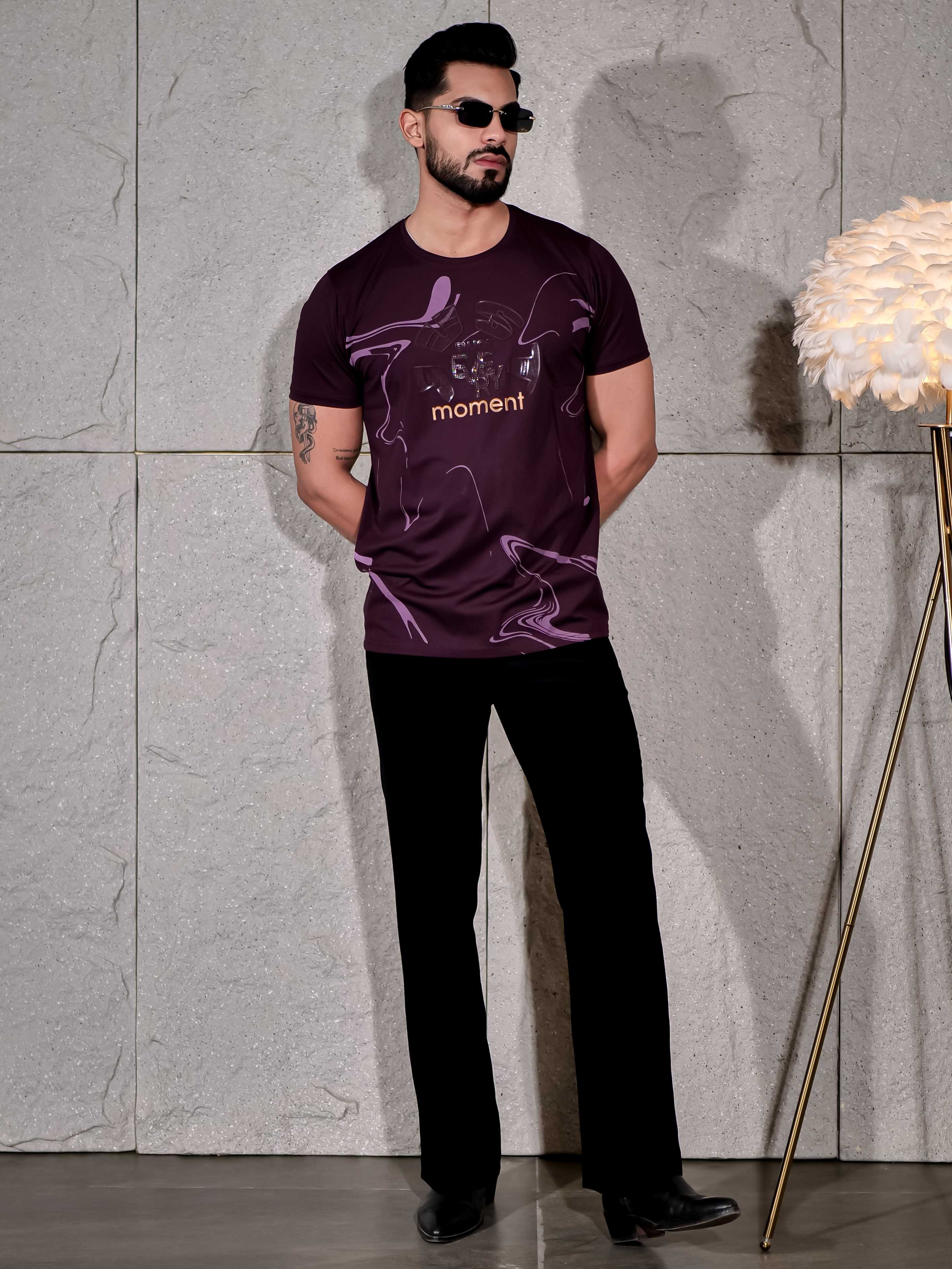 Dark Wine Round Neck Imported Cotton Half Sleeve Premium Designer T-Shirt