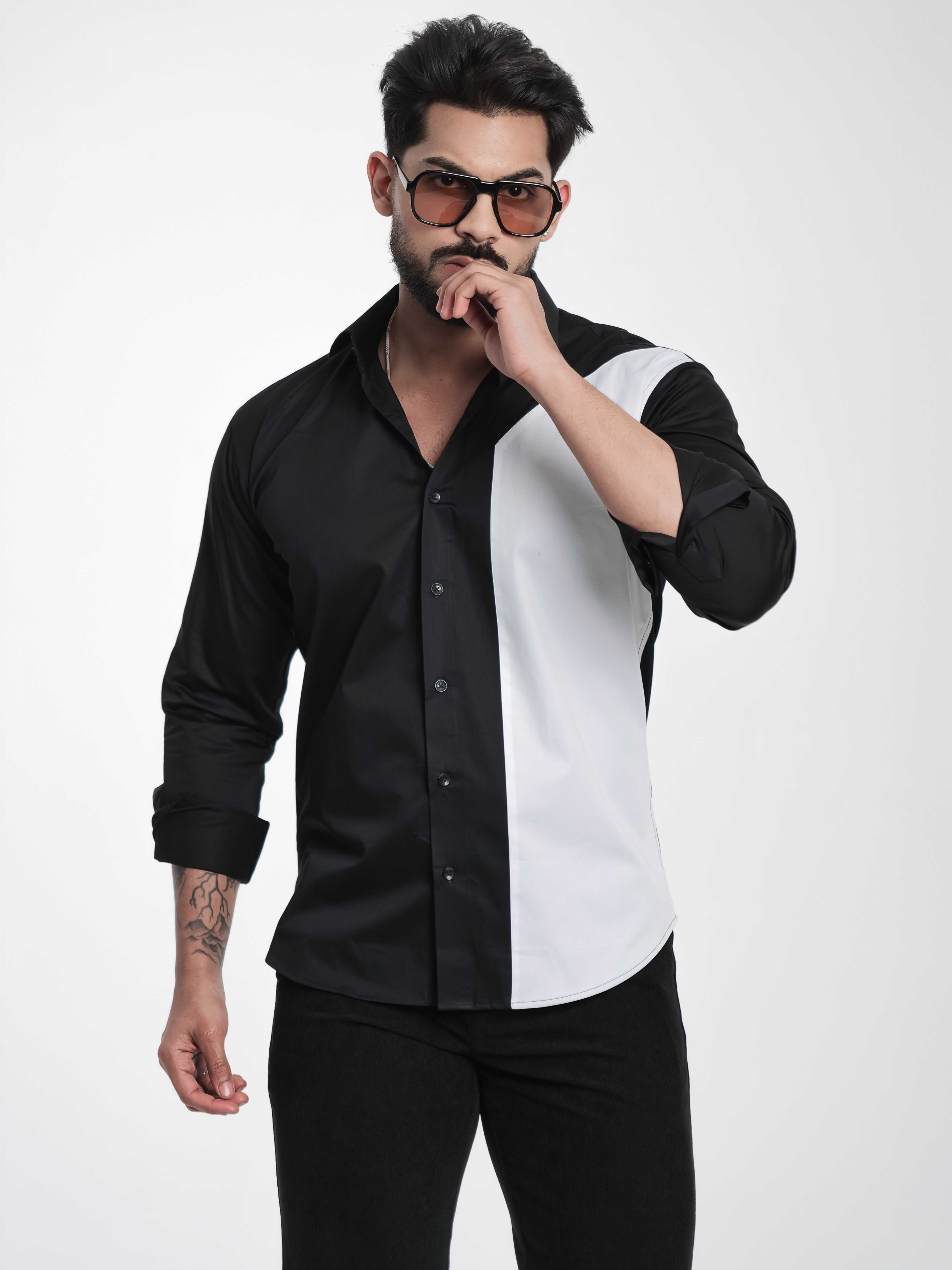 FOOMER BLACK AND WHITE CUT N SEW DESIGNER SHIRT FOR MEN&#39;S