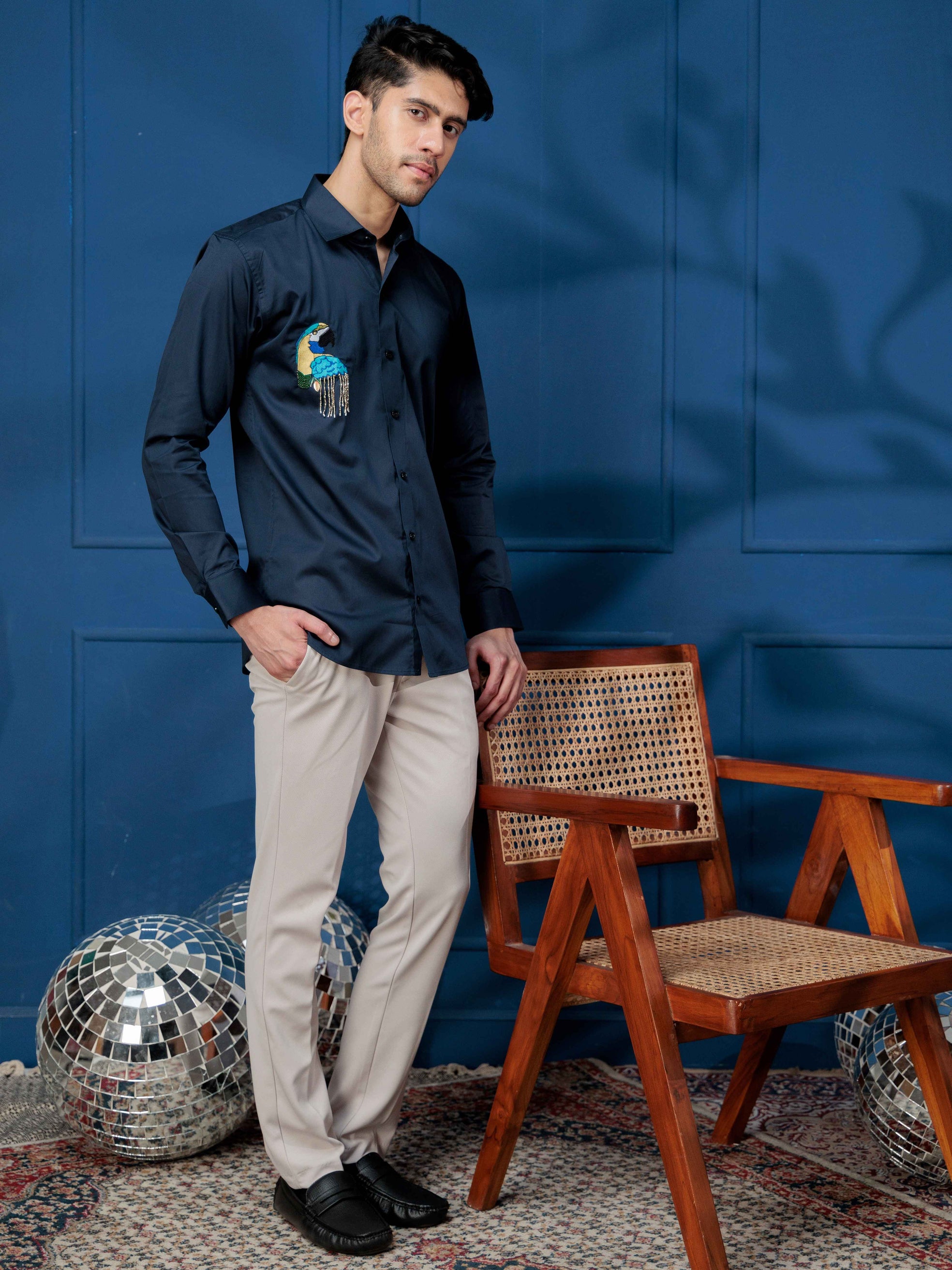 FOOMER NAVY BLUE EMBROIDERY SATIN COTTON SHIRT FOR MEN