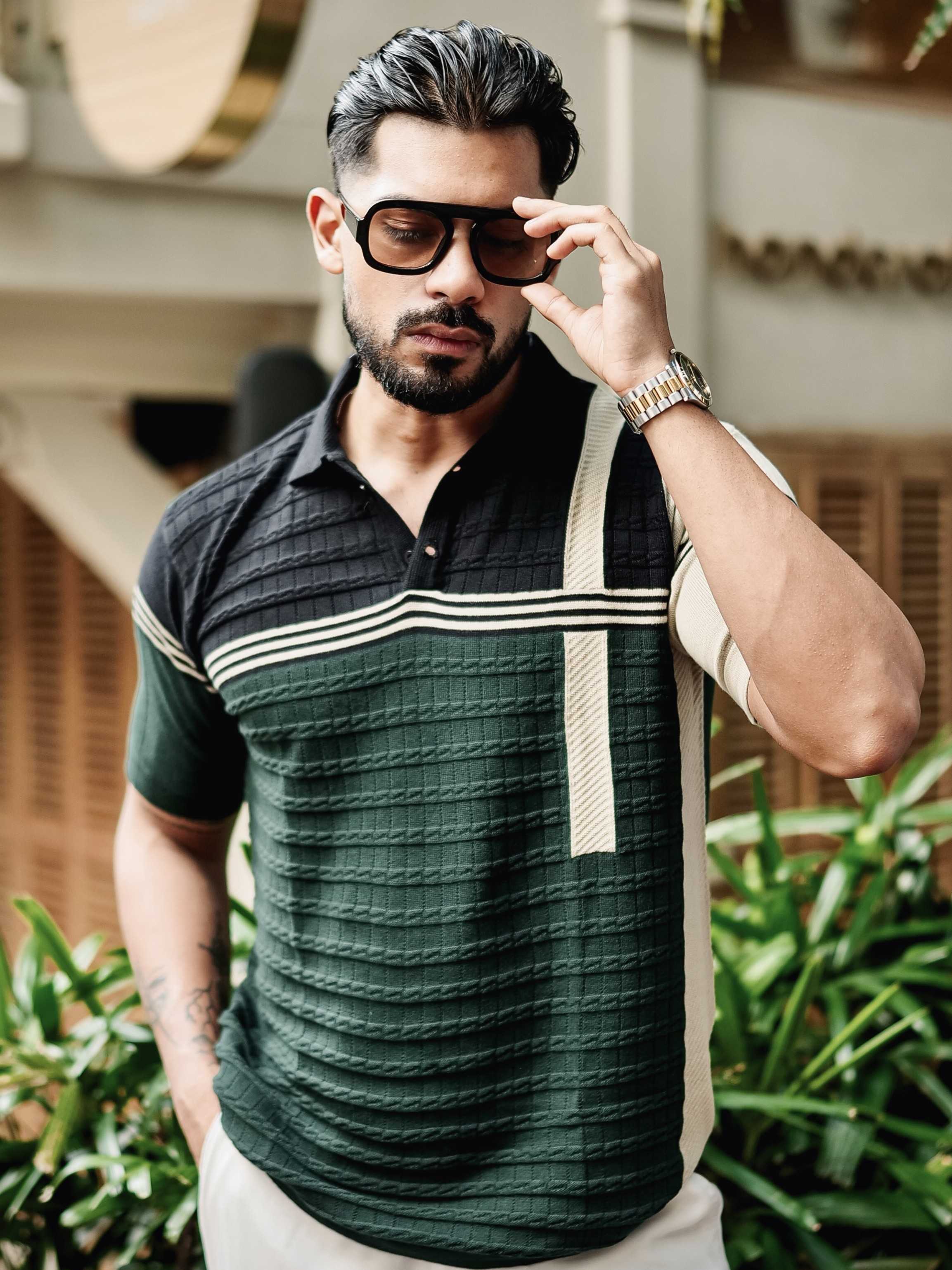 FOOMER GREEN HALF SLEEVE KNITTED TSHIRT FOR MEN'S