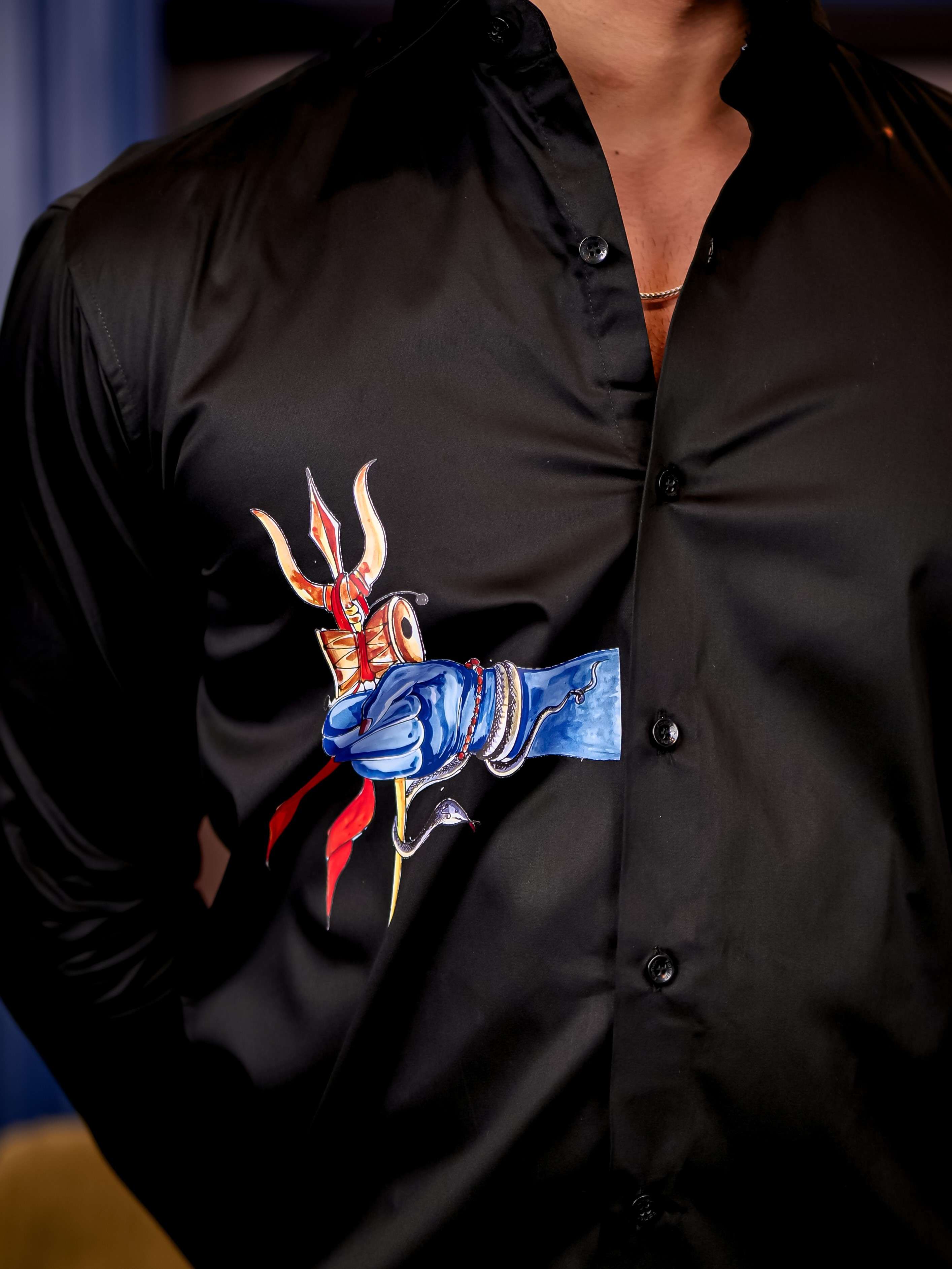 Trishul Black Club Wear Printed Satin Cotton Shirt