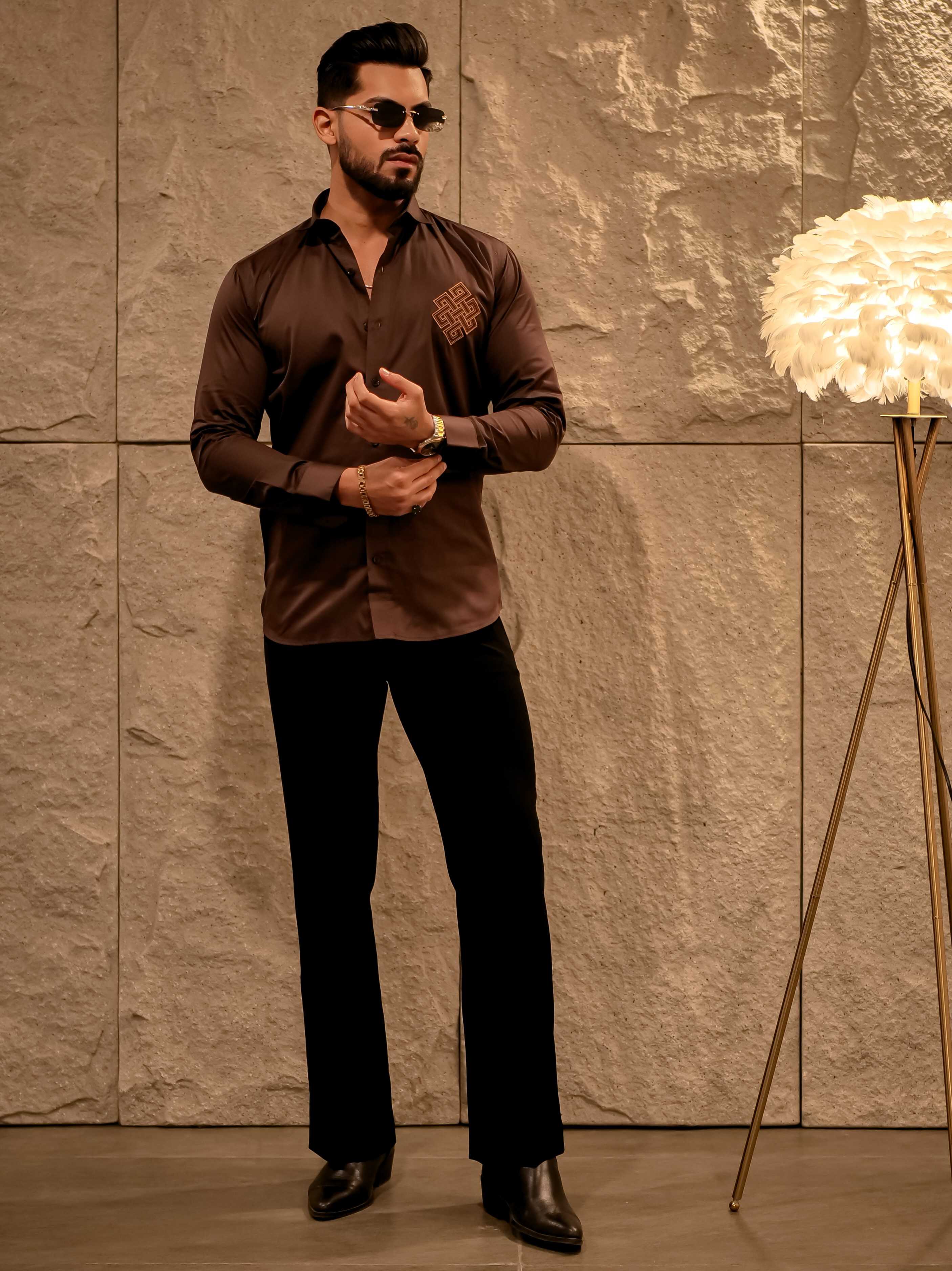 Aesthetic Brown Golden Embroidered Premium Cotton Shirt For Men