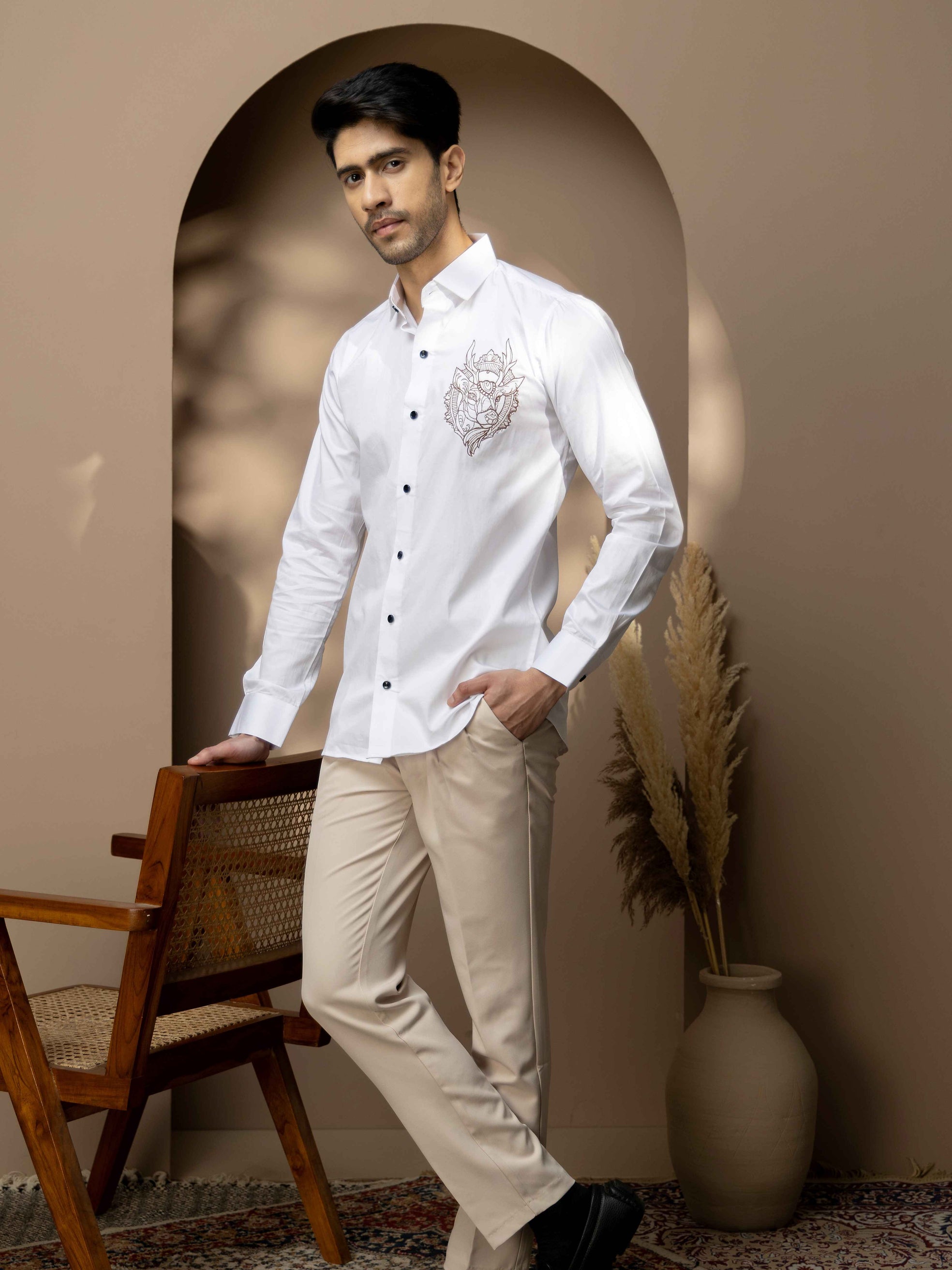 Foomer Moose White Embroidered Club Wear Satin Cotton Shirt