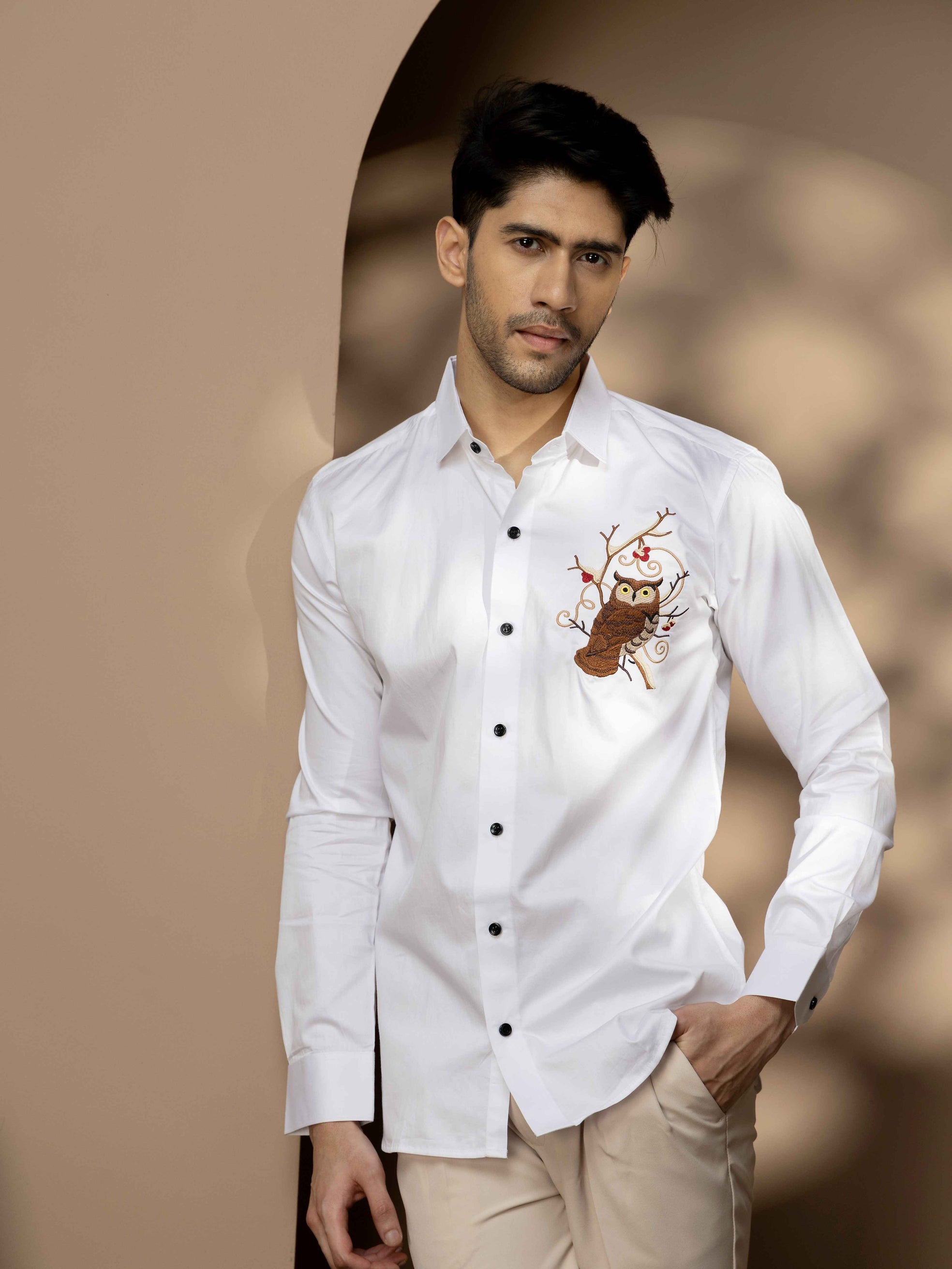 FOOMER WHITE OWL EMBROIDERED CLUB WEAR SATIN COTTON SHIRT