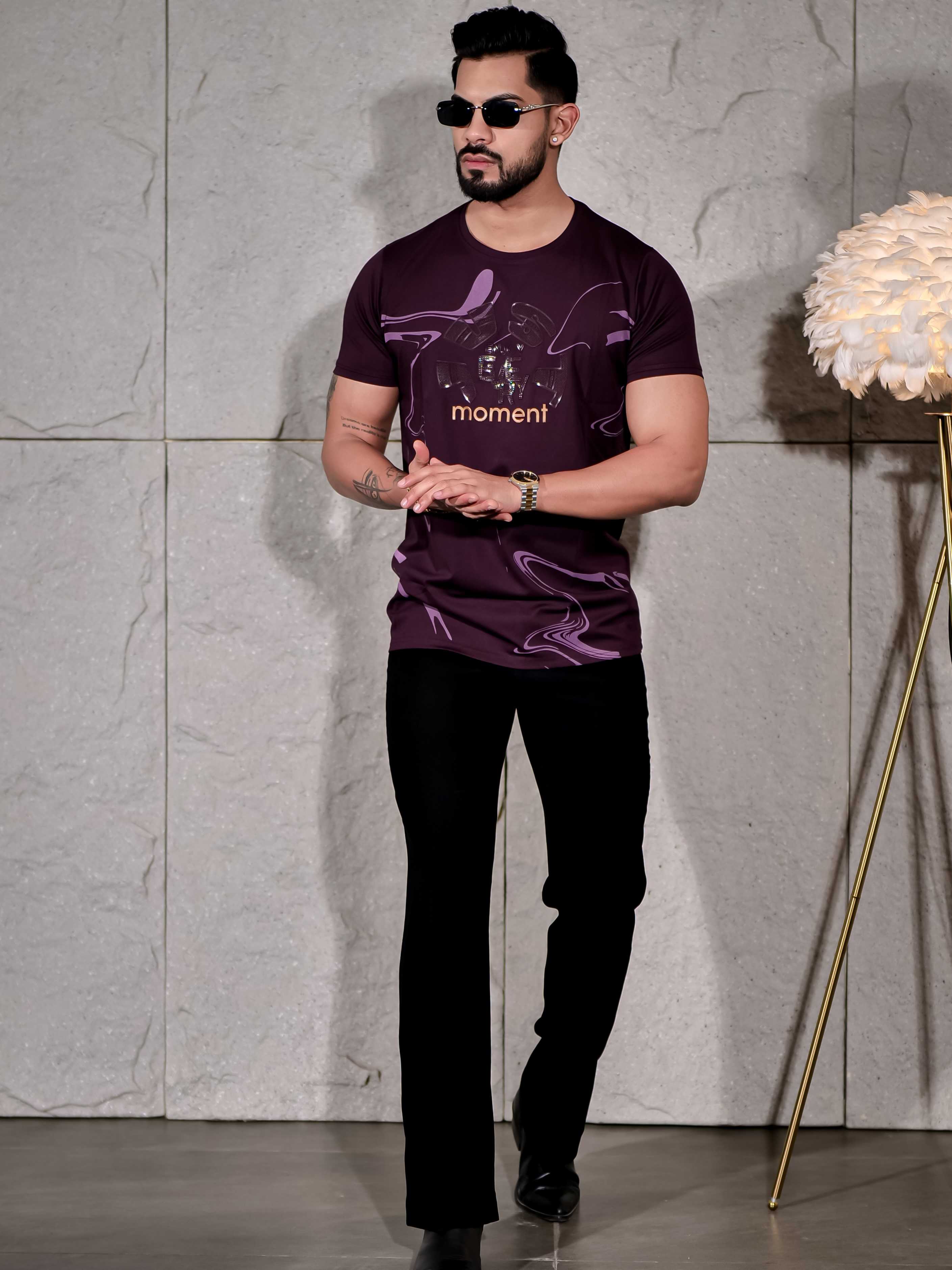 Dark Wine Round Neck Imported Cotton Half Sleeve Premium Designer T-Shirt