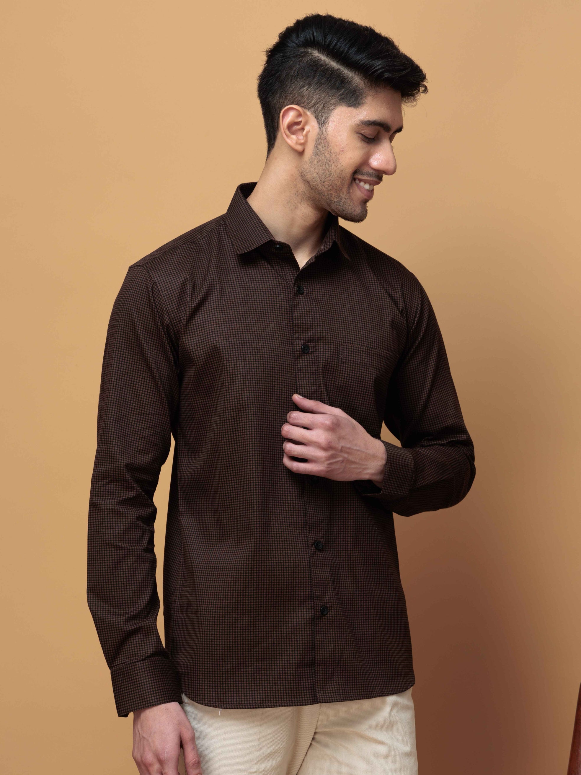 FOOMER BROWN MINI CHECKED COTTON CASUAL SHIRT FOR MEN'S