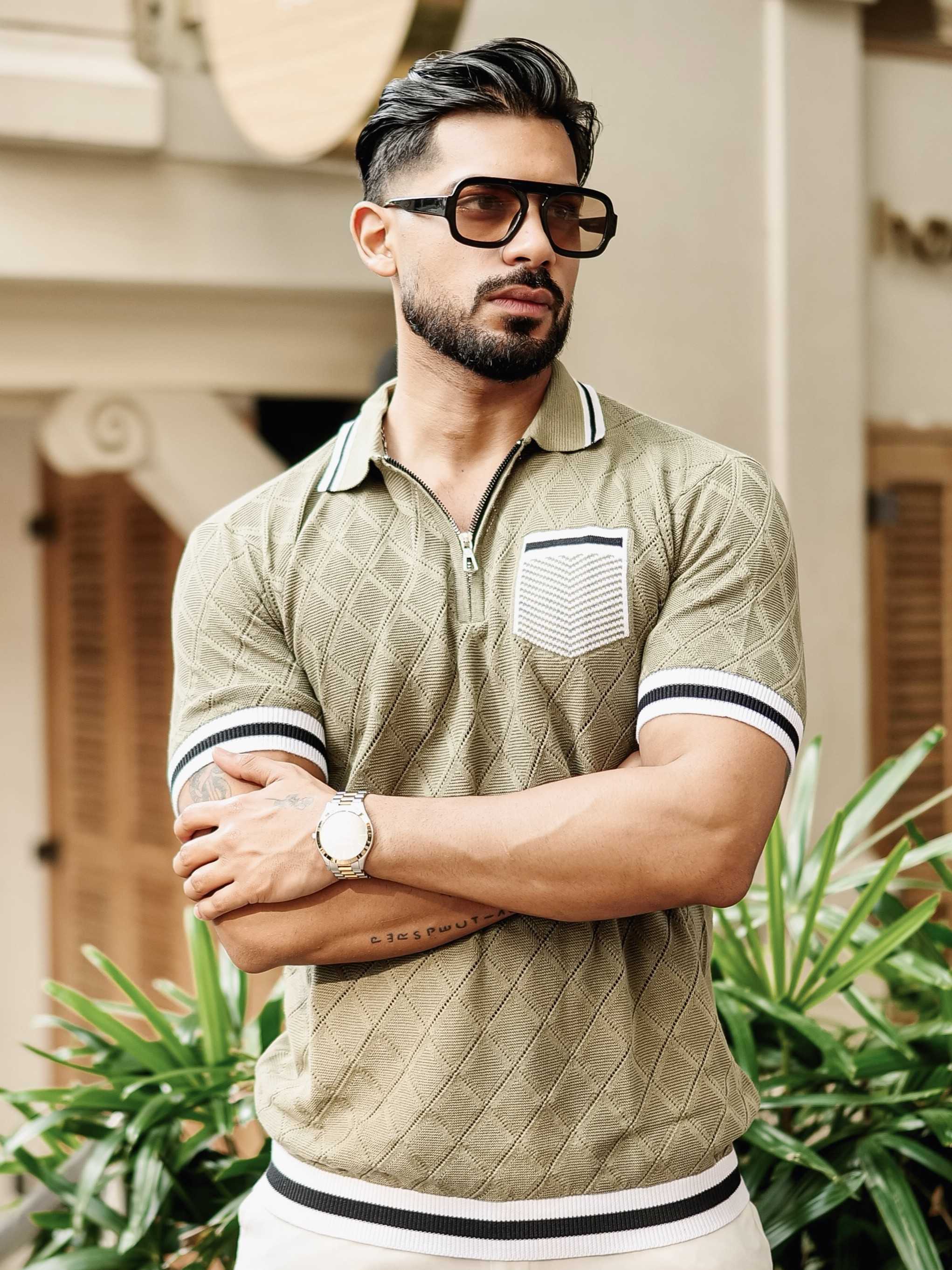 FOOMER GREEN HALF SLEEVE KNITTED TSHIRT FOR MEN'S