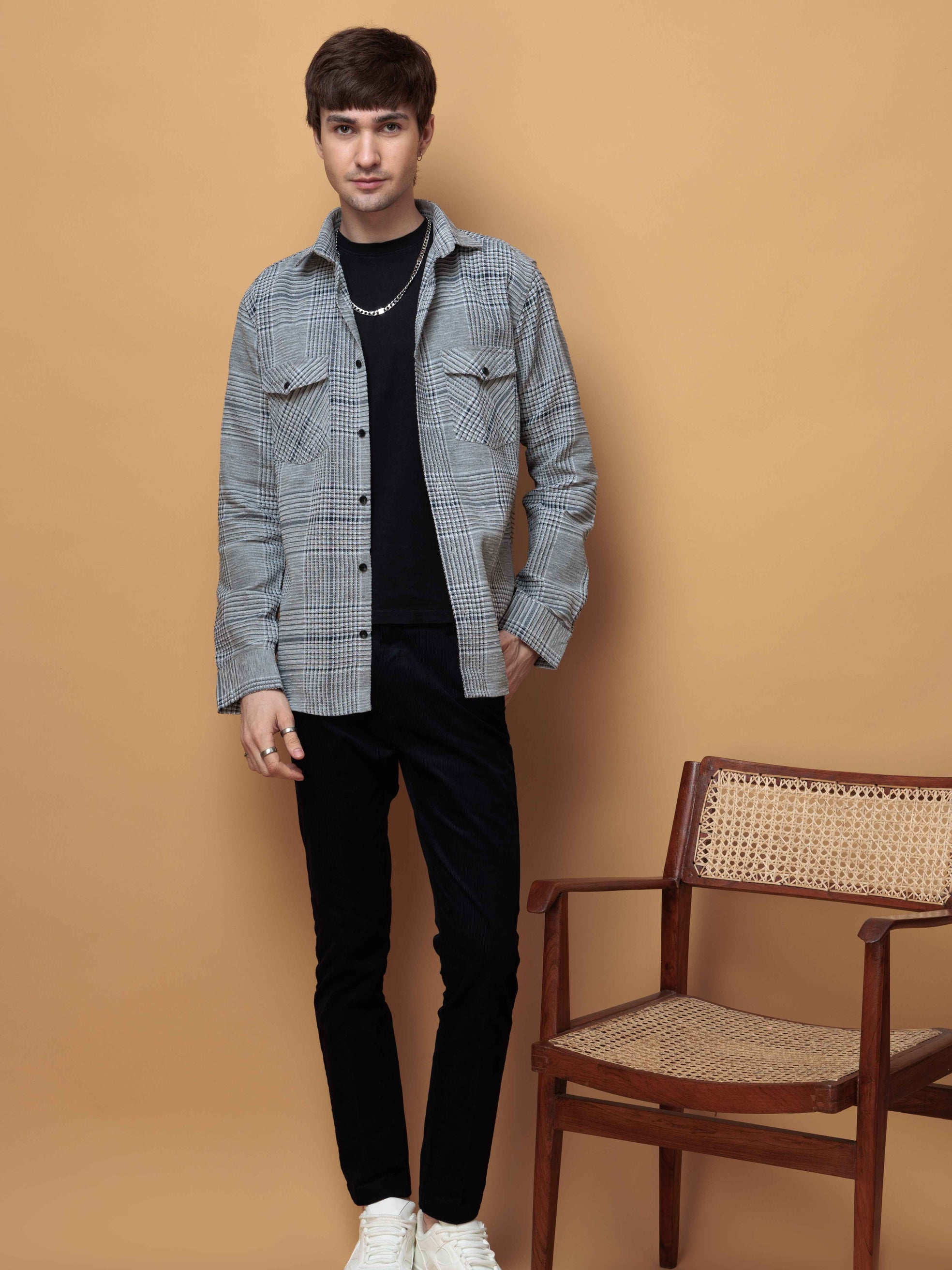 FOOMER GREY GLEN CHECKED CASUAL SHIRT FOR MEN'S