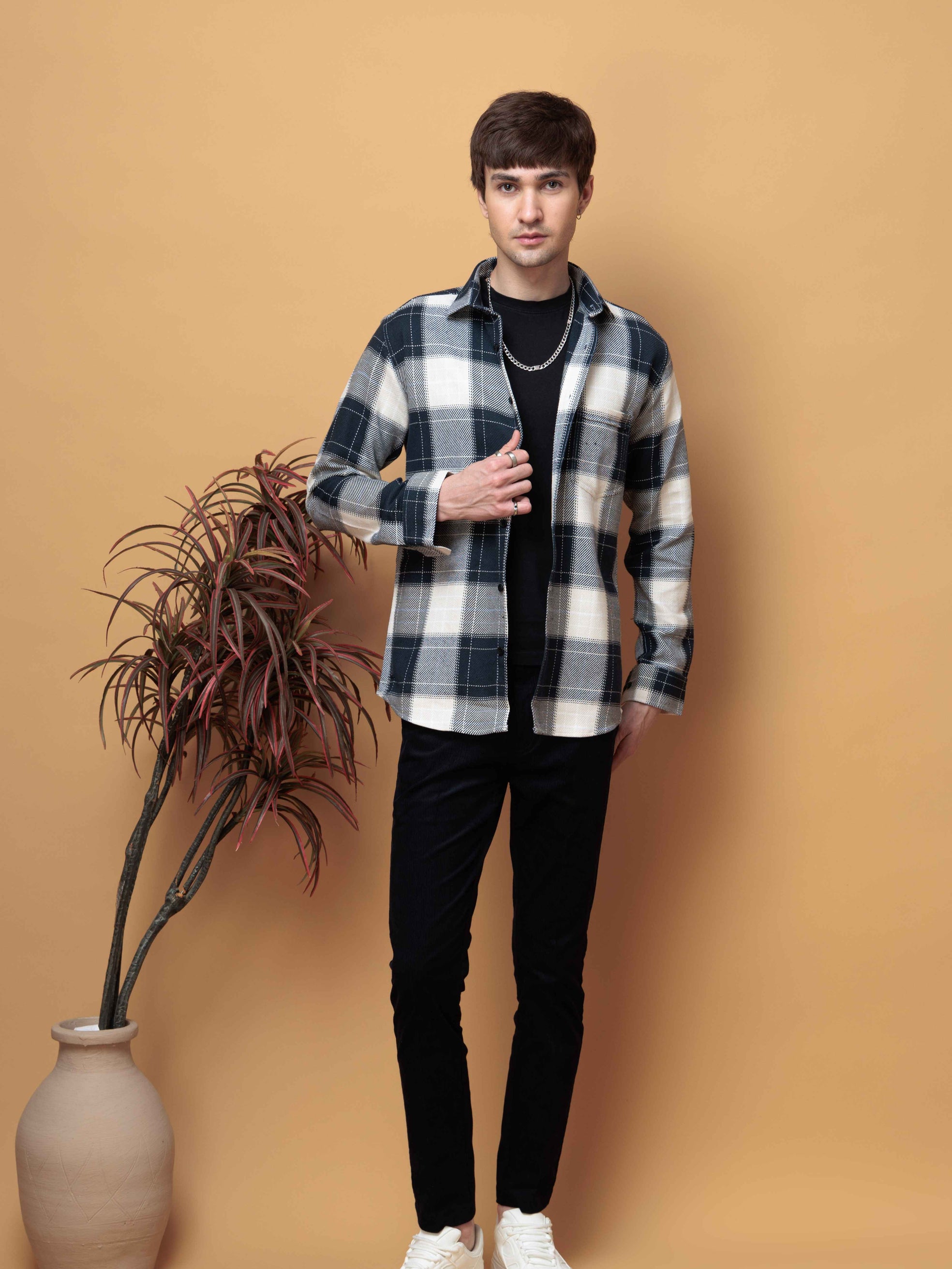 FOOMER TARTAN NAVY CHECKED COTTON CASUAL SHIRT FOR MEN'S