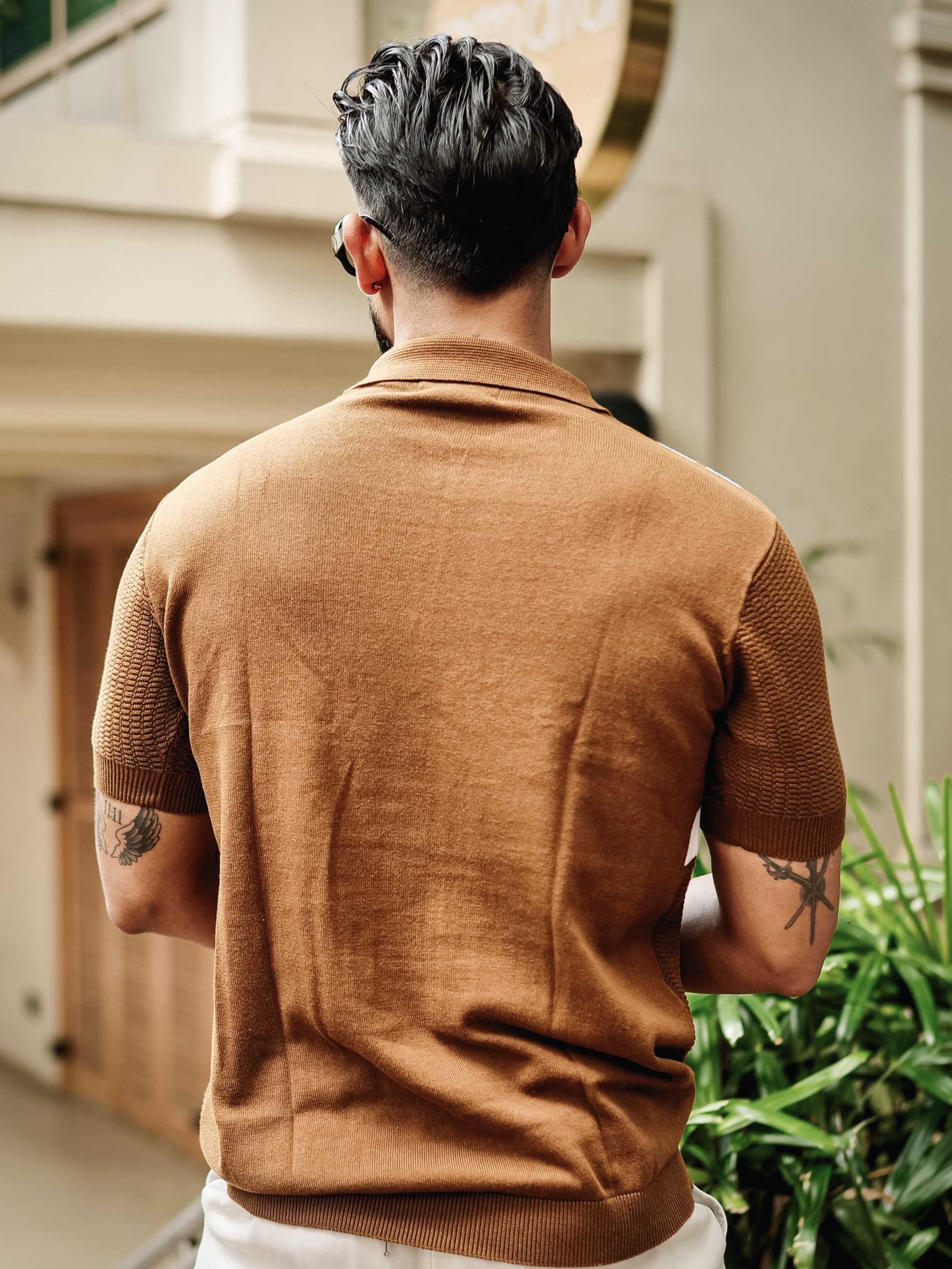 FOOMER BROWN HALF SLEEVE KNITTED TSHIRT FOR MEN'S