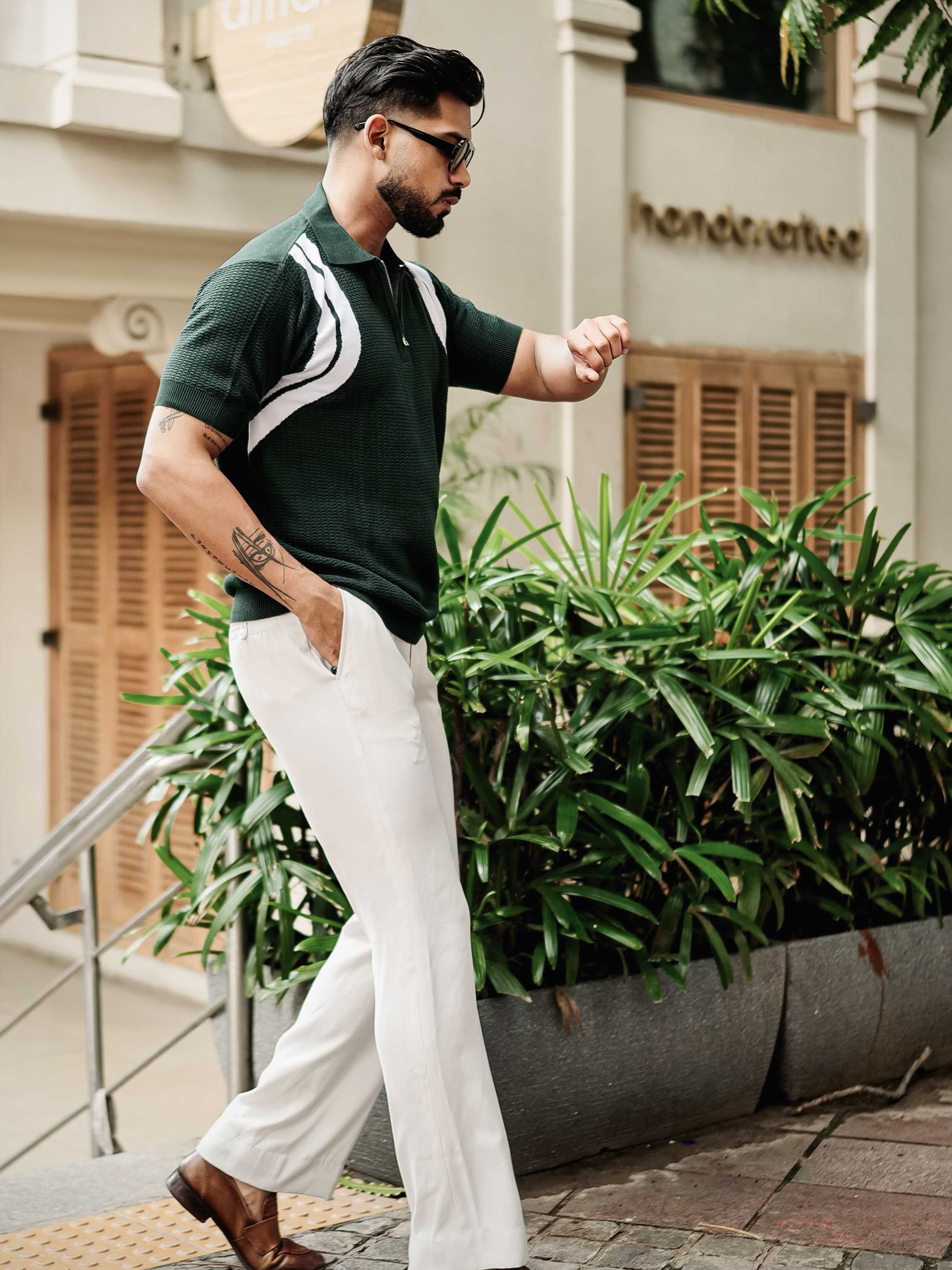 FOOMER GREEN HALF SLEEVE KNITTED TSHIRT FOR MEN'S