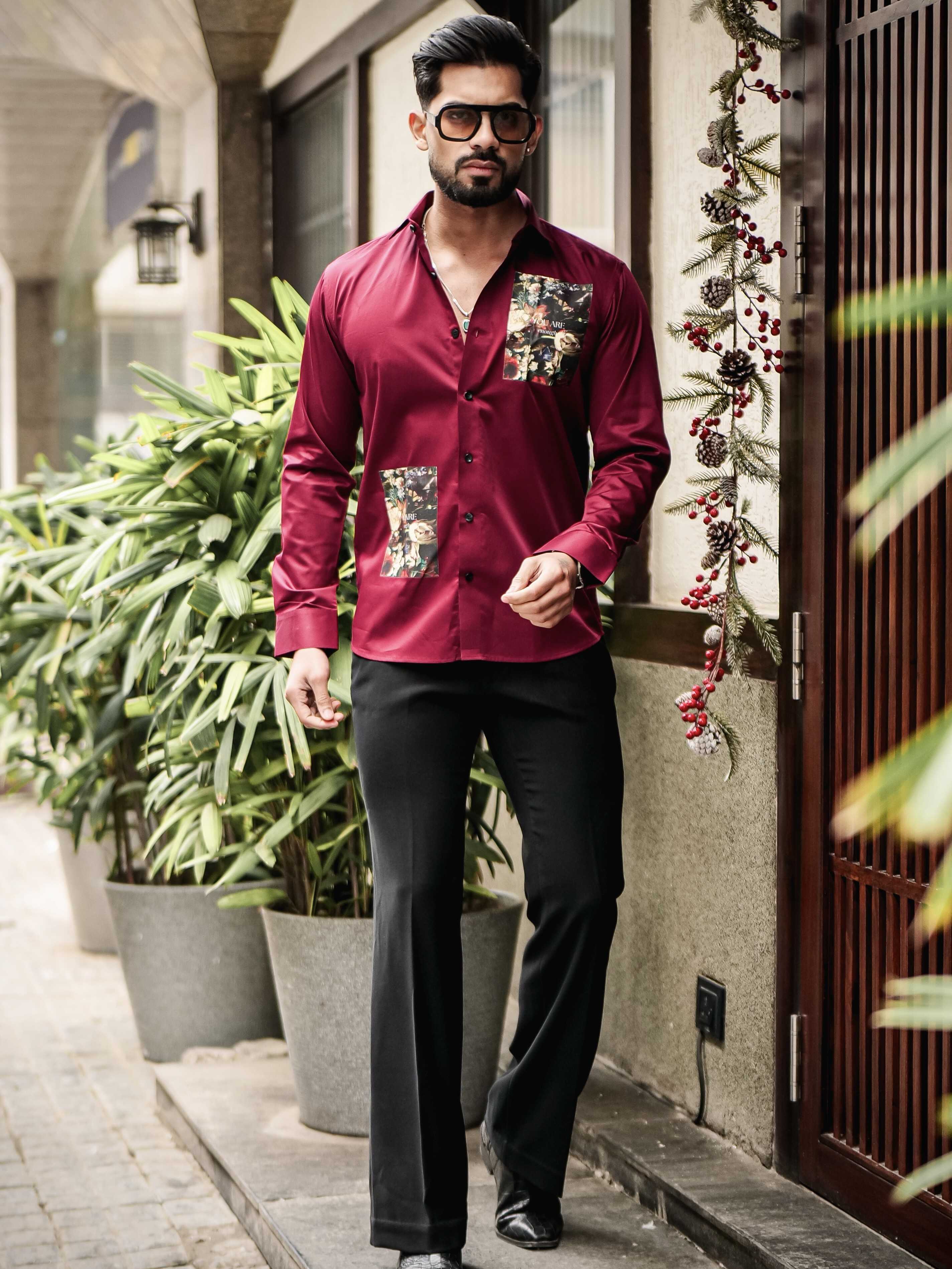 MAROON CLUB WEAR PRINTED SATIN COTTON SHIRT