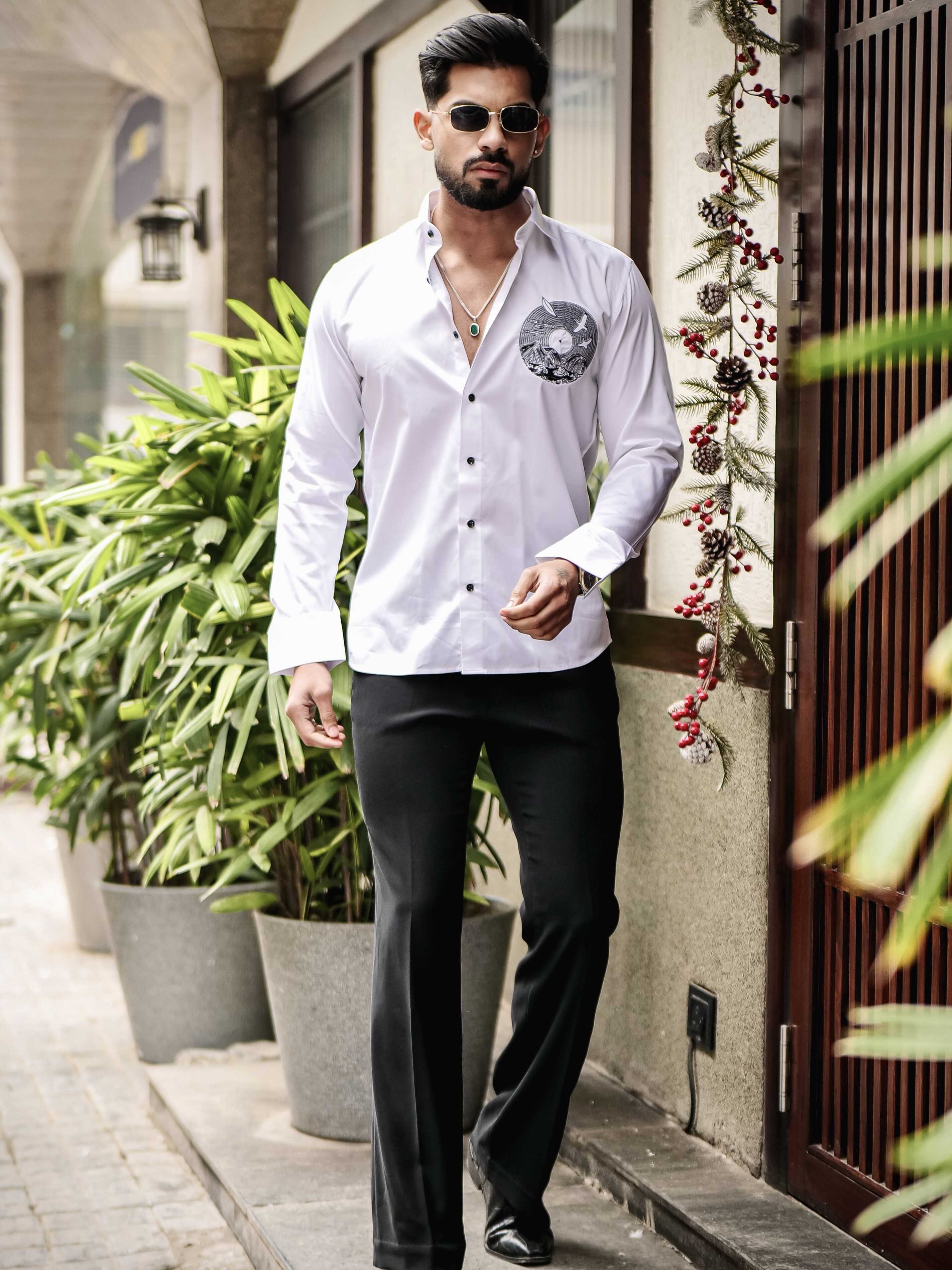 WHITE CLUB WEAR EMBROIDERY SATIN COTTON SHIRT