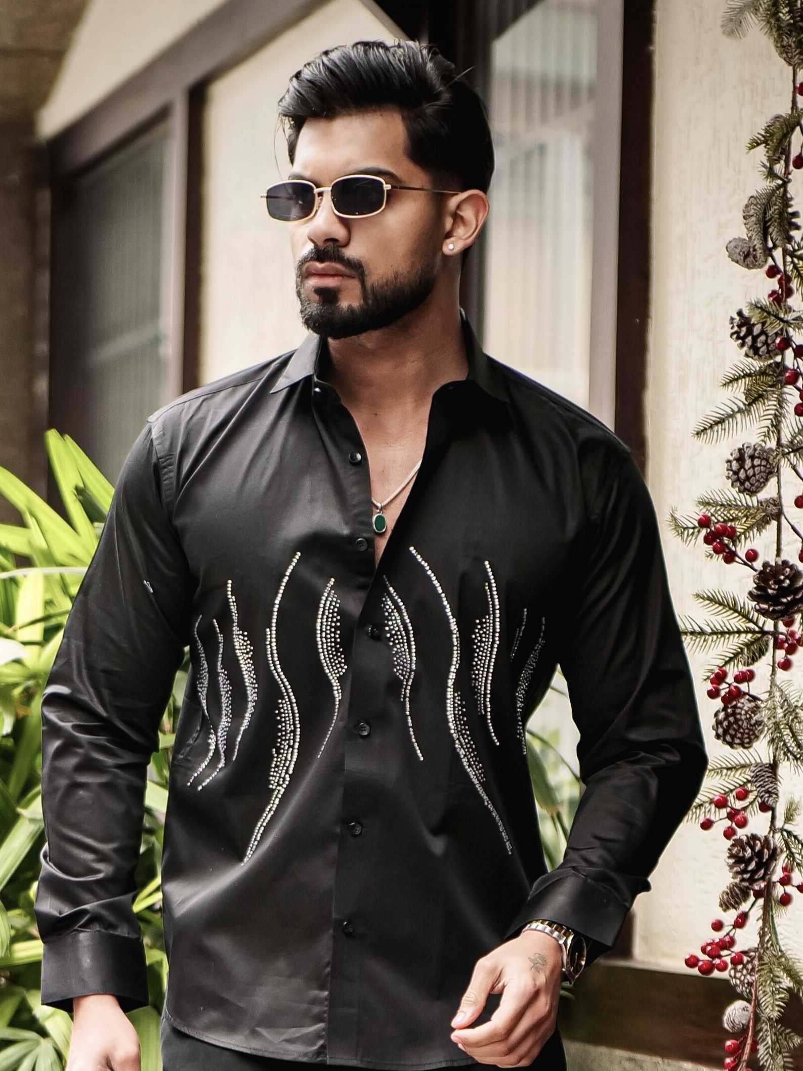 BLACK WAVE STARRY BEADED SATIN COTTON PREMIUM PARTY SHIRT