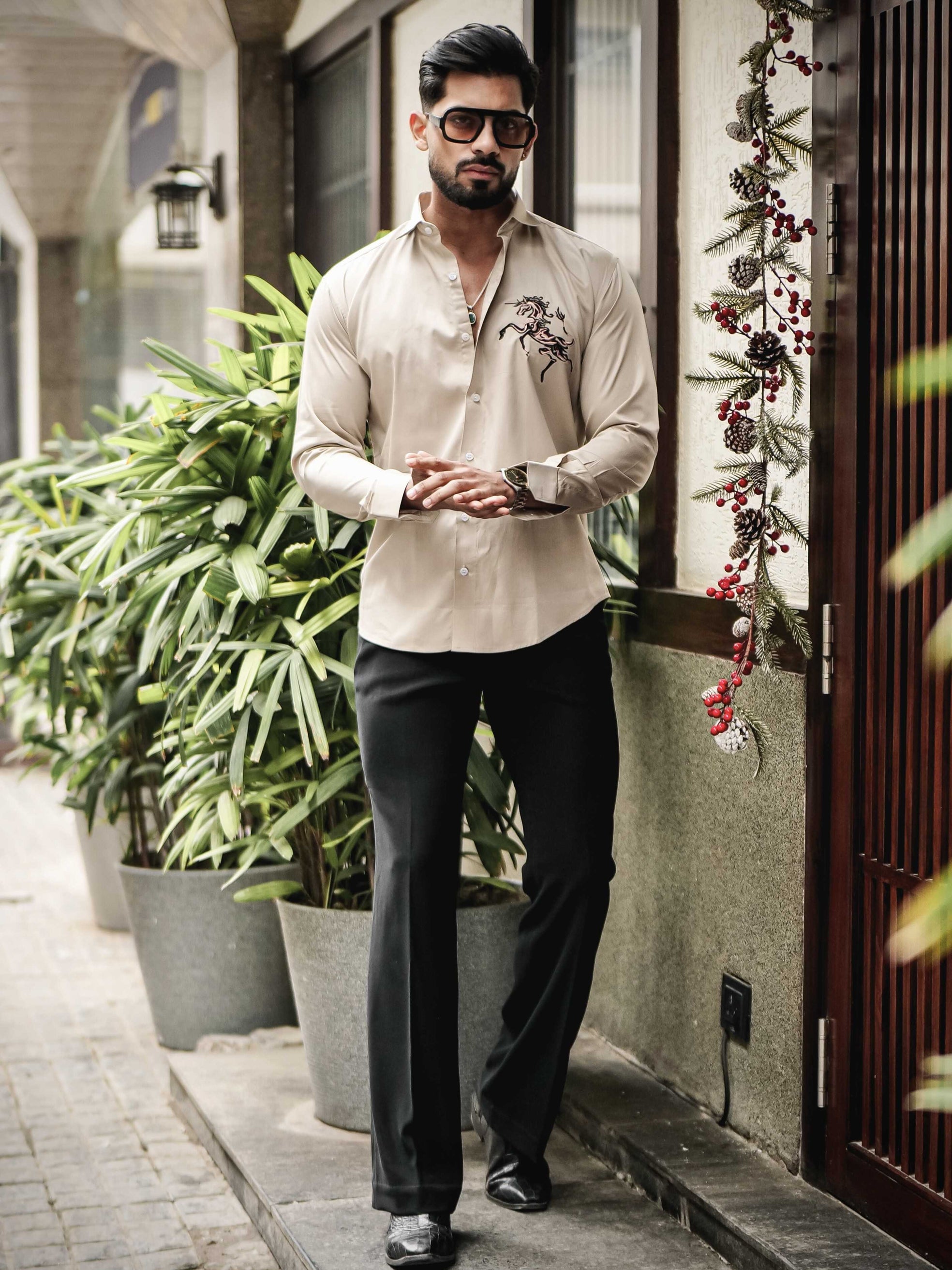 FOOMER CREAM EMBROIDERED DESIGNER SHIRT FOR MEN'S