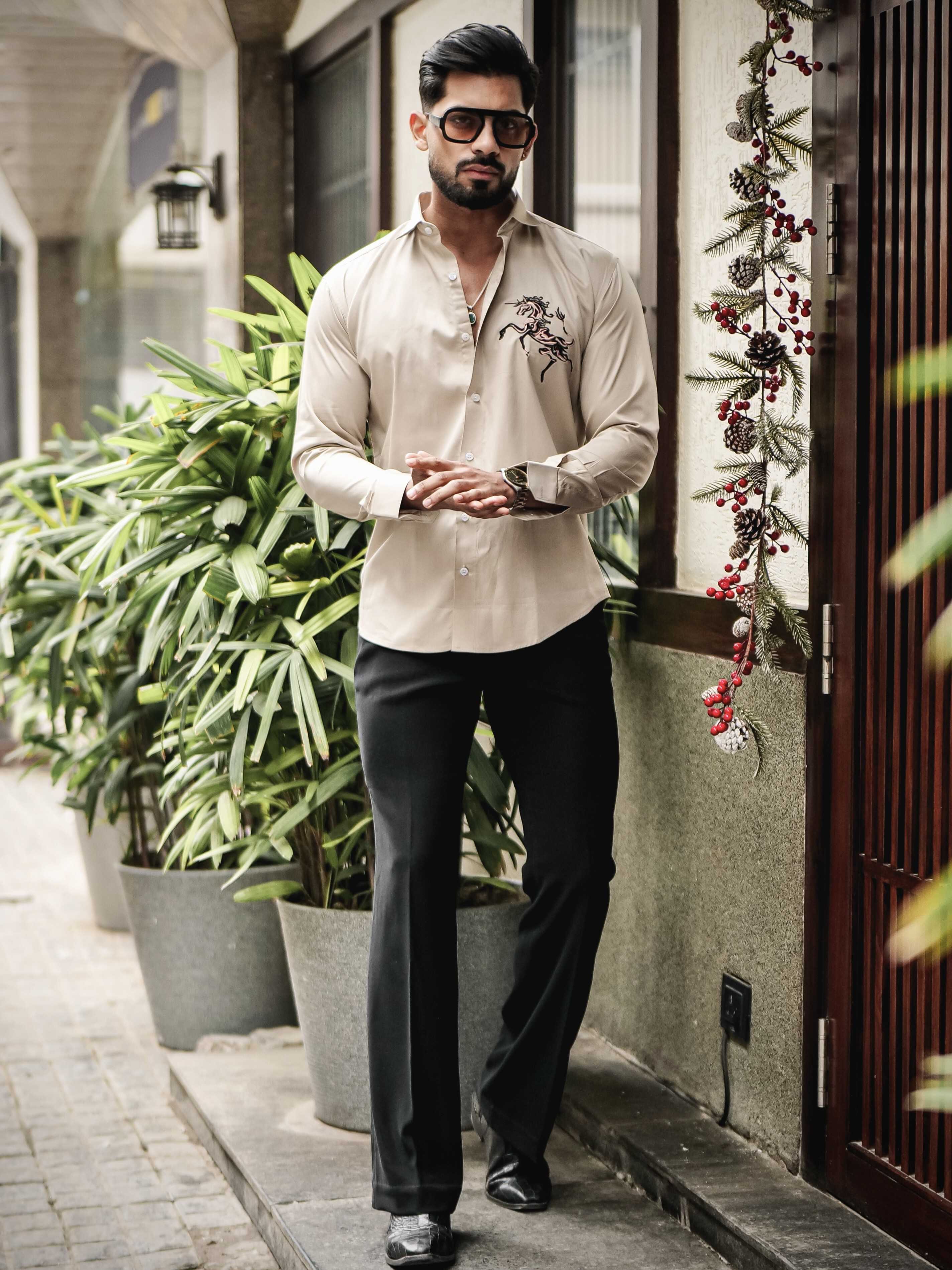 FOOMER CREAM EMBROIDERED DESIGNER SHIRT FOR MEN'S