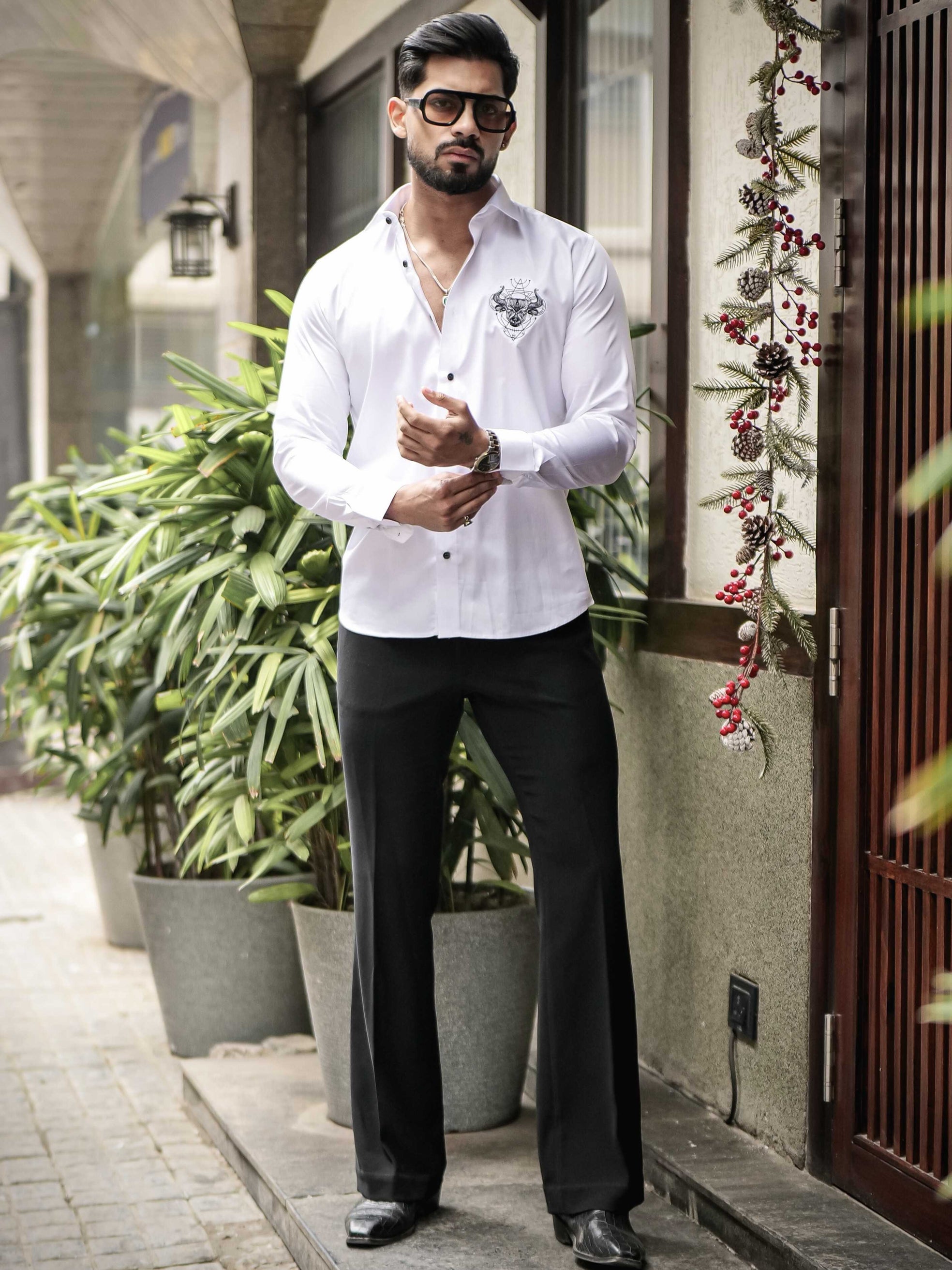 WHITE EMBROIDERED DESIGNER SATIN COTTON SHIRT FOR MEN'S