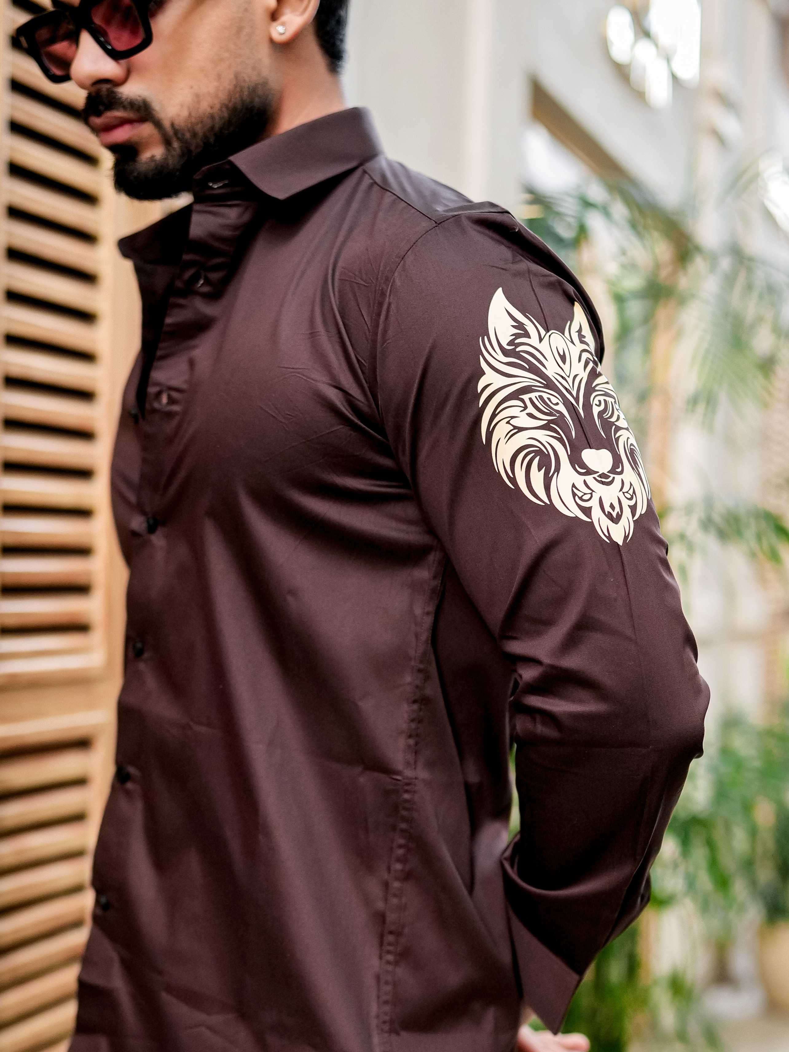 Brown Club Wear Printed Satin Cotton Shirt For Men