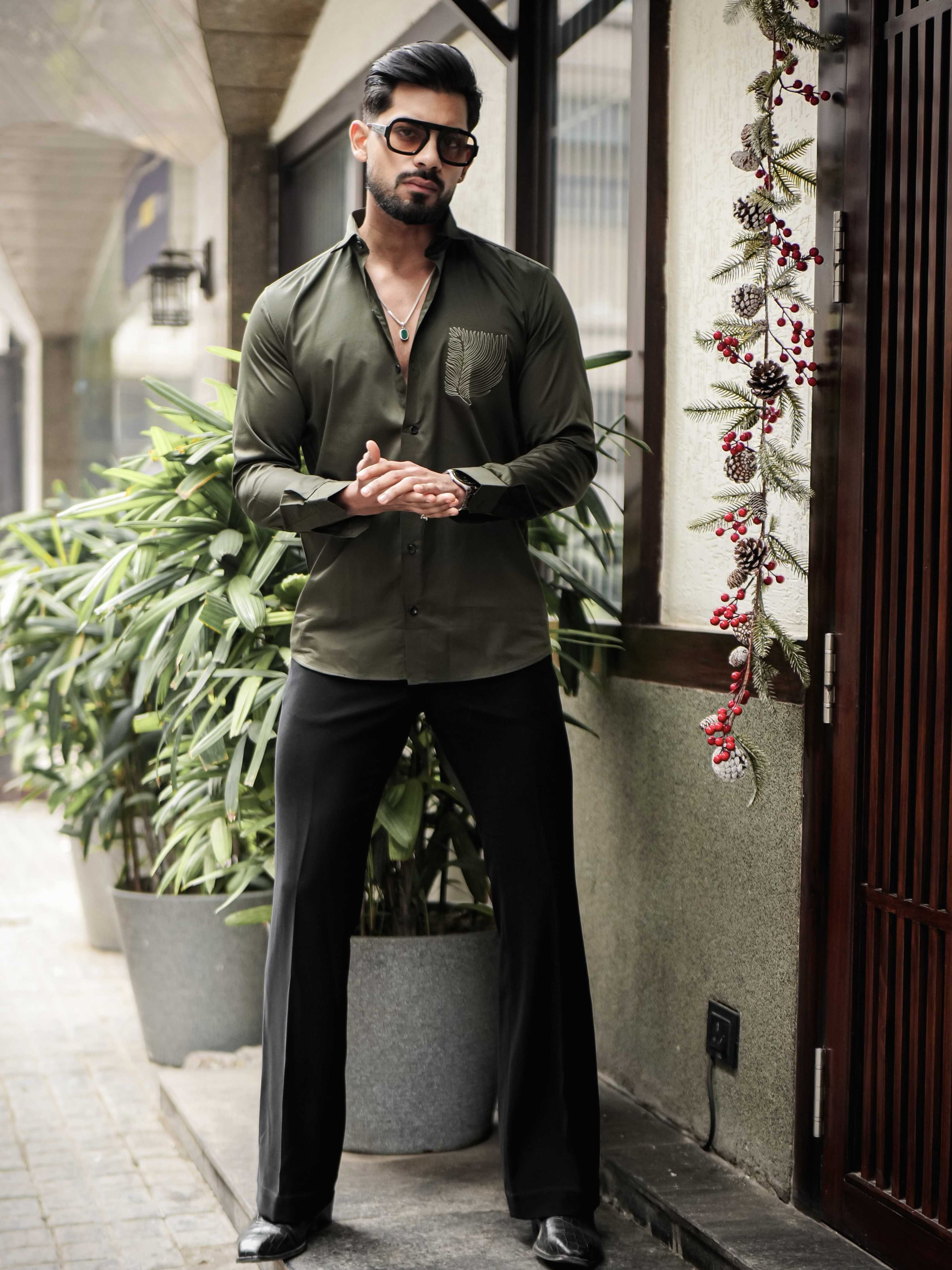 OLIVE EMBROIDERED DESIGNER SATIN COTTON SHIRT FOR MEN'S