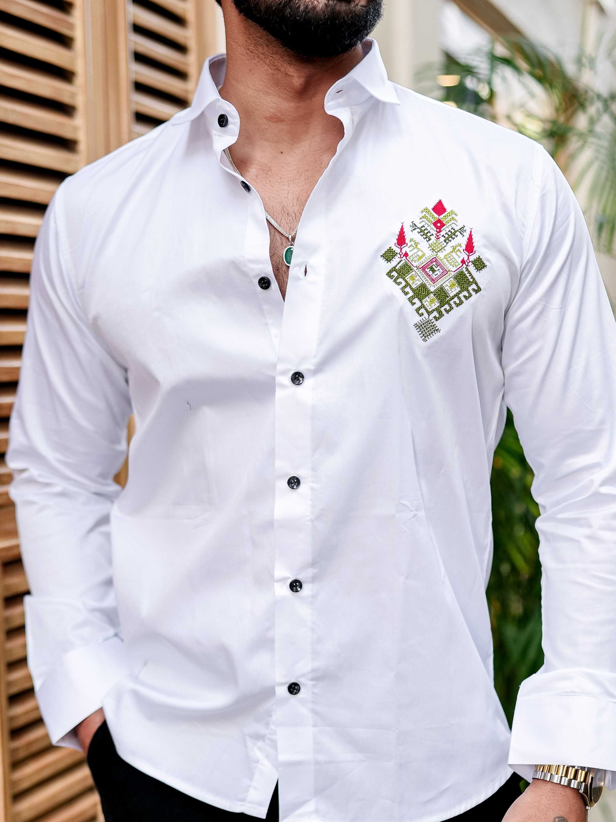 WHITE EMBROIDERED DESIGNER SATIN COTTON SHIRT FOR MEN'S
