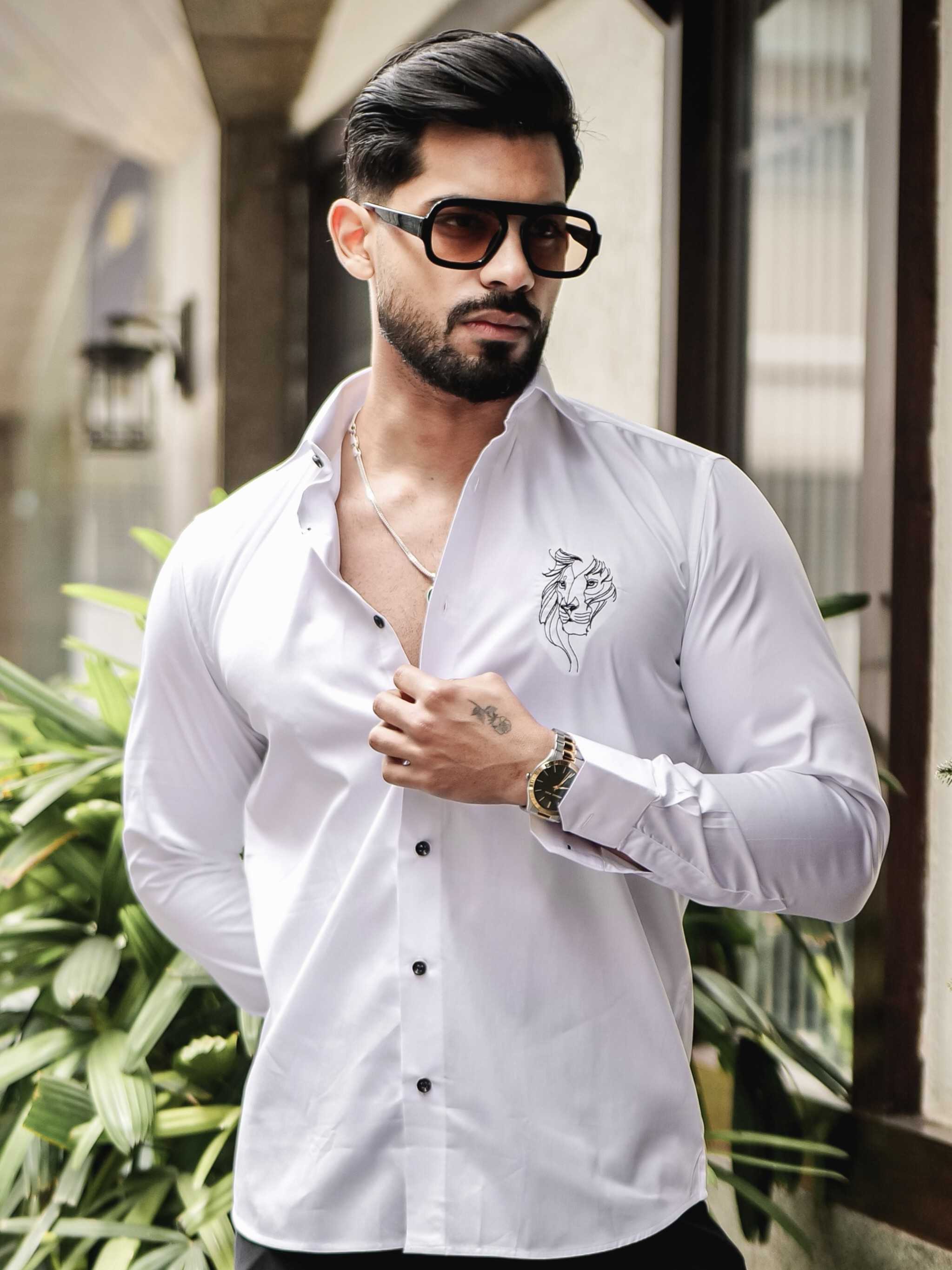 WHITE CLUB WEAR EMBROIDERY SATIN COTTON SHIRT