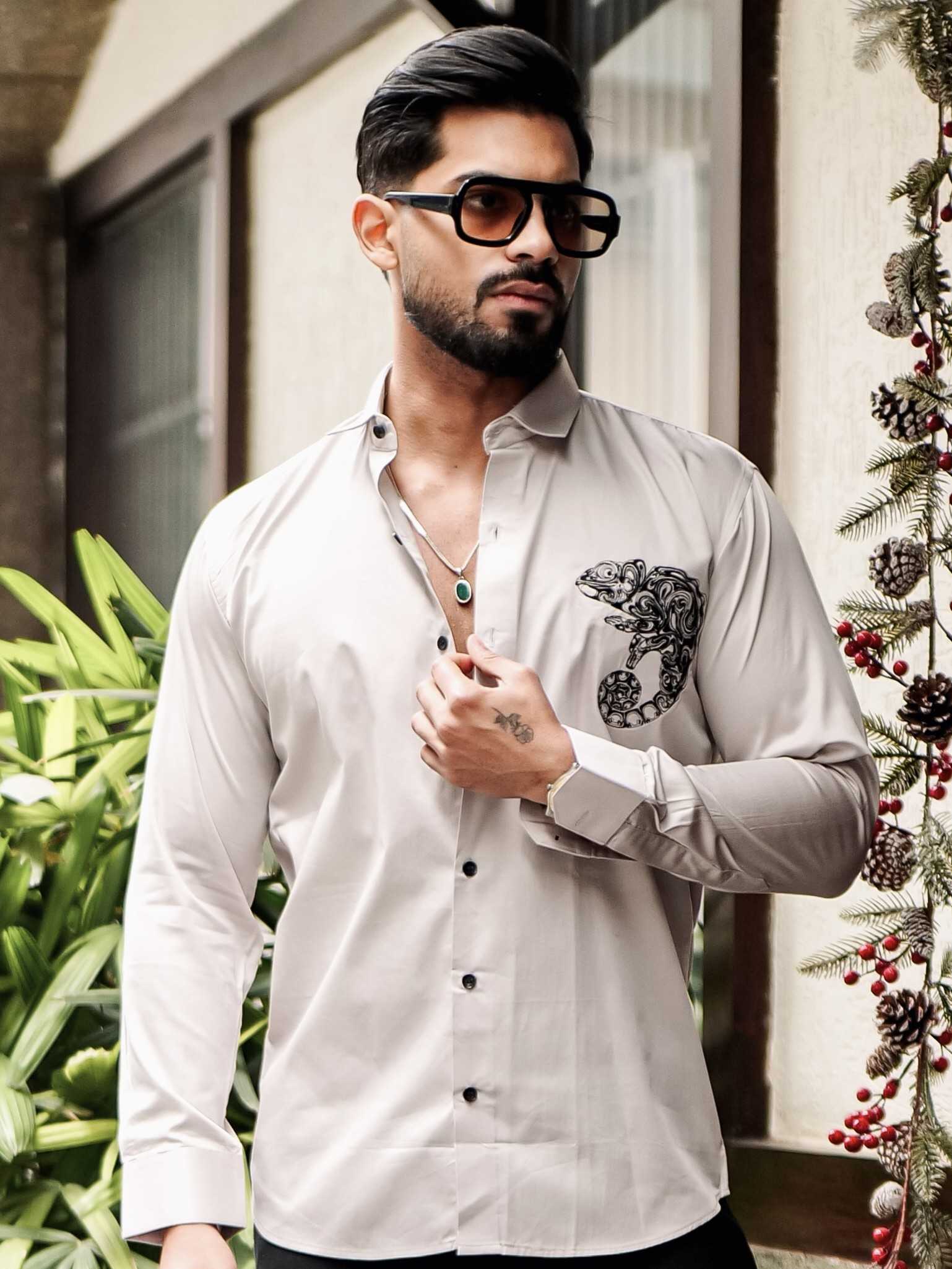 FOOMER GREY EMBROIDERED DESIGNER SHIRT FOR MEN'S