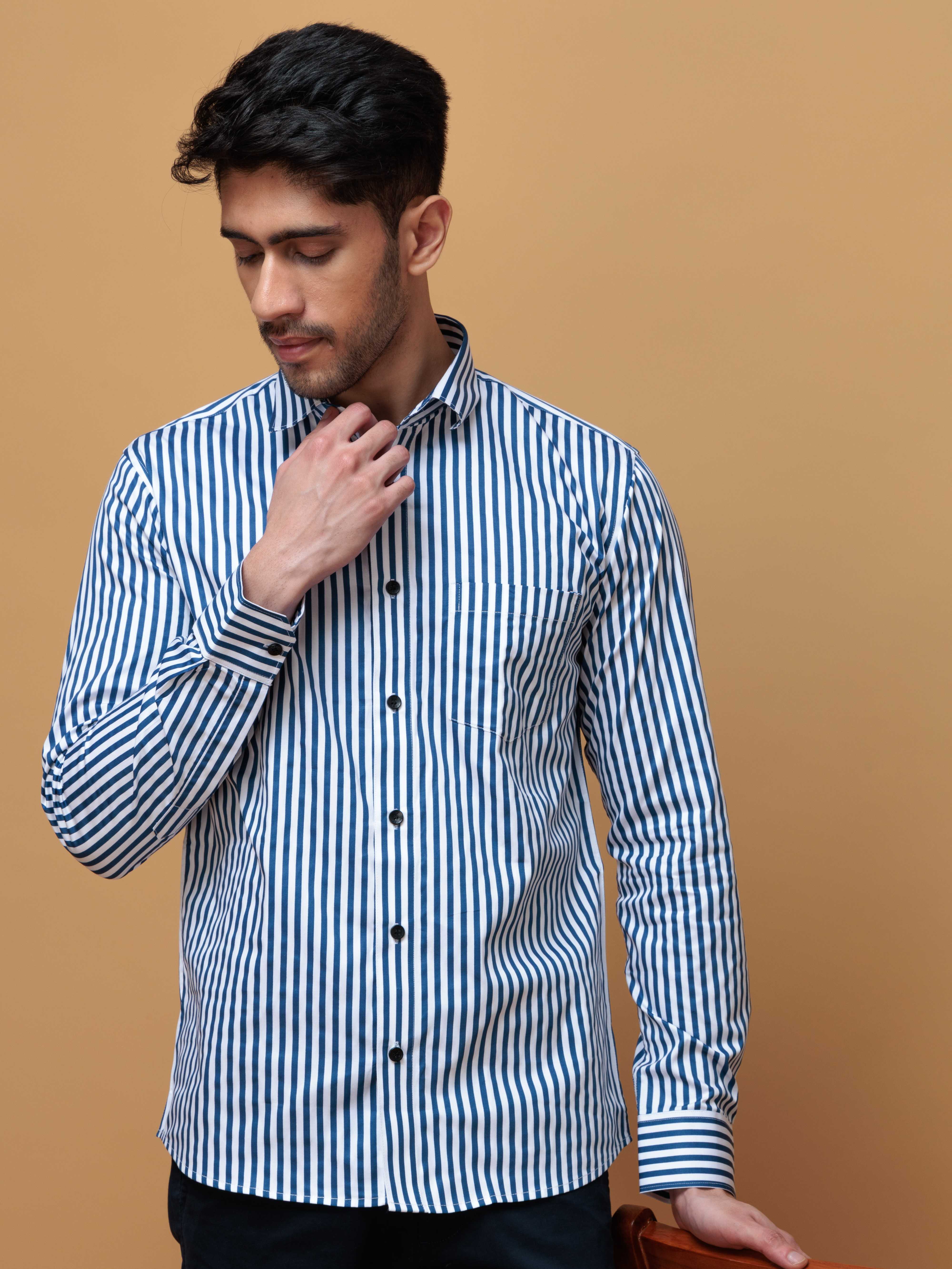 BLUE STRIPED COTTON REGULAR FIT MEN&#39;S CASUAL SHIRT FOR MEN&#39;S