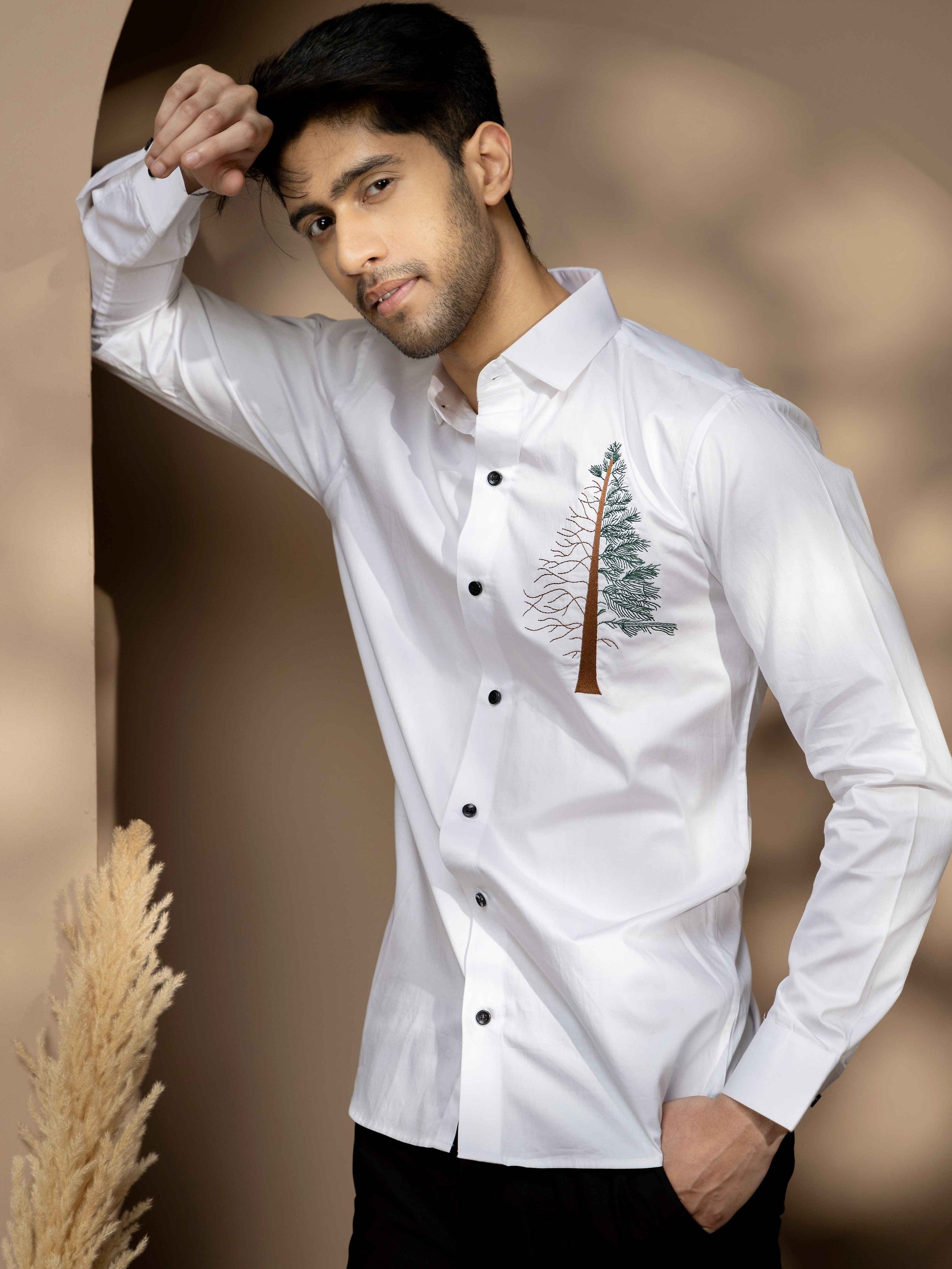 FOOMER TREE EMBROIDERED WHITE LUXURY COTTON SHIRT FOR MEN