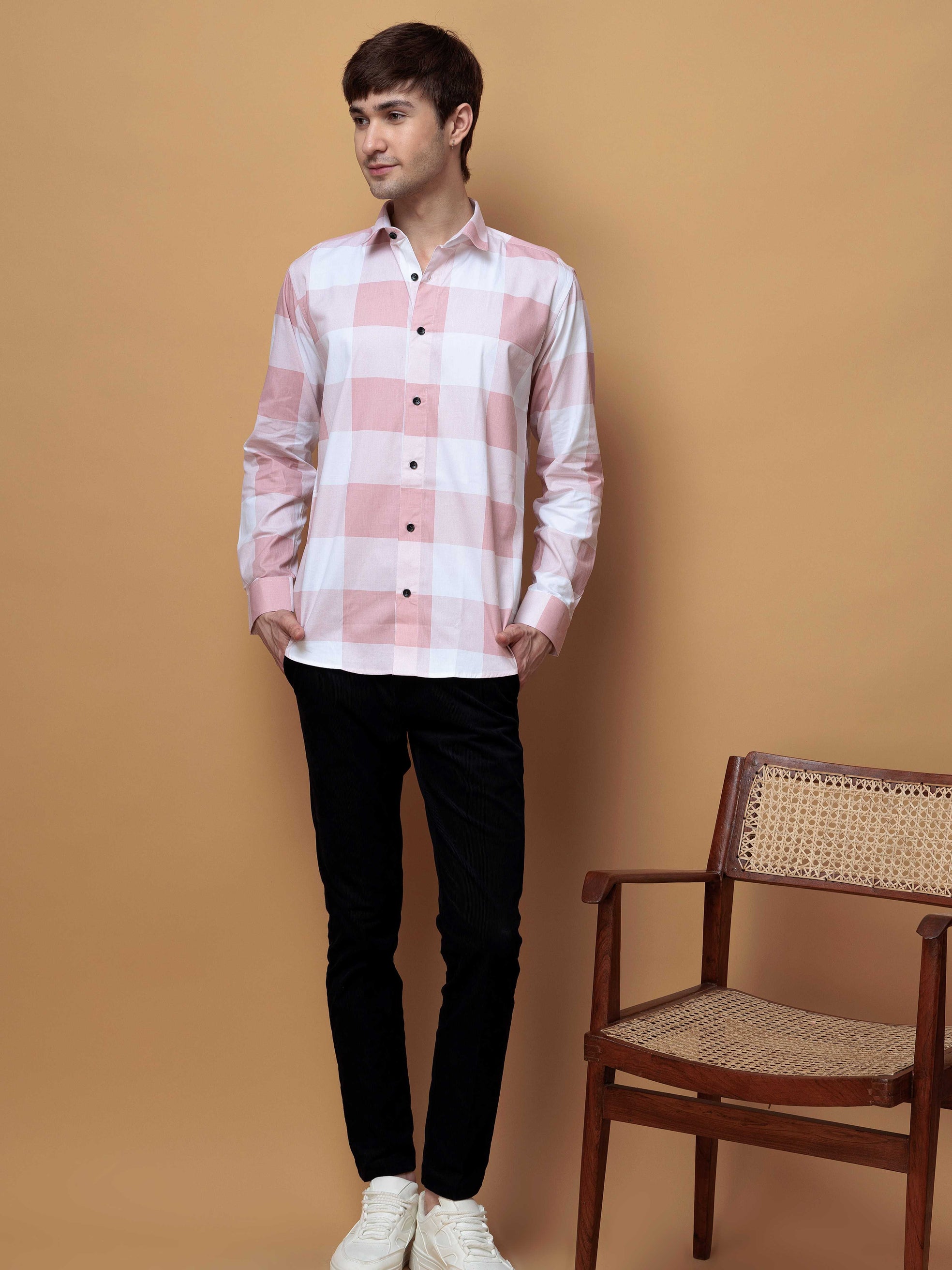FOOMER SQUARE PEACH CHECKED COTTON CASUAL SHIRT FOR MEN'S