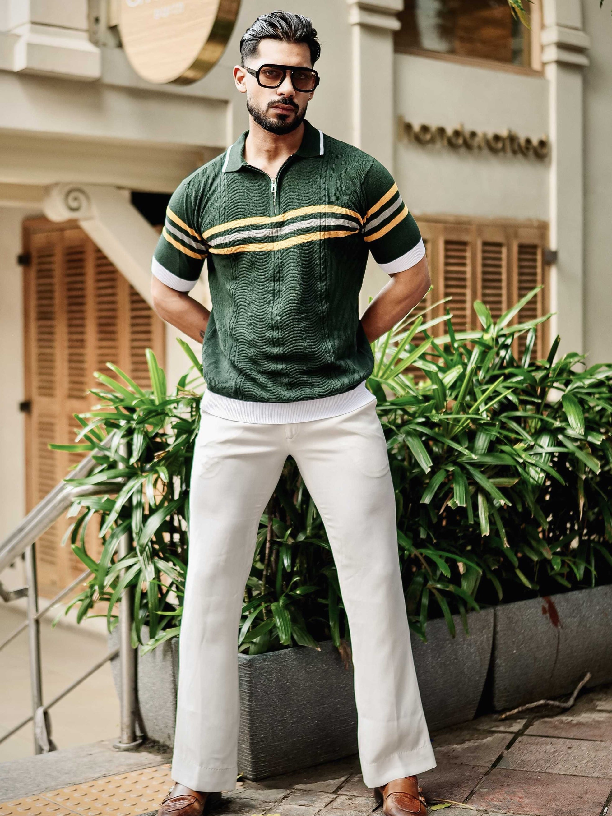 FOOMER GREEN HALF SLEEVE KNITTED TSHIRT FOR MEN'S