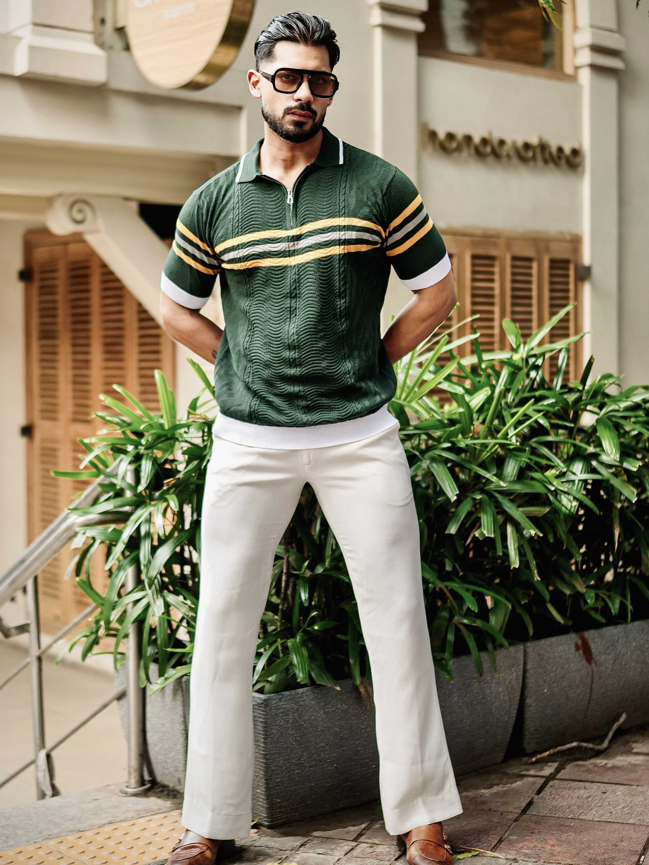 FOOMER GREEN HALF SLEEVE KNITTED TSHIRT FOR MEN'S