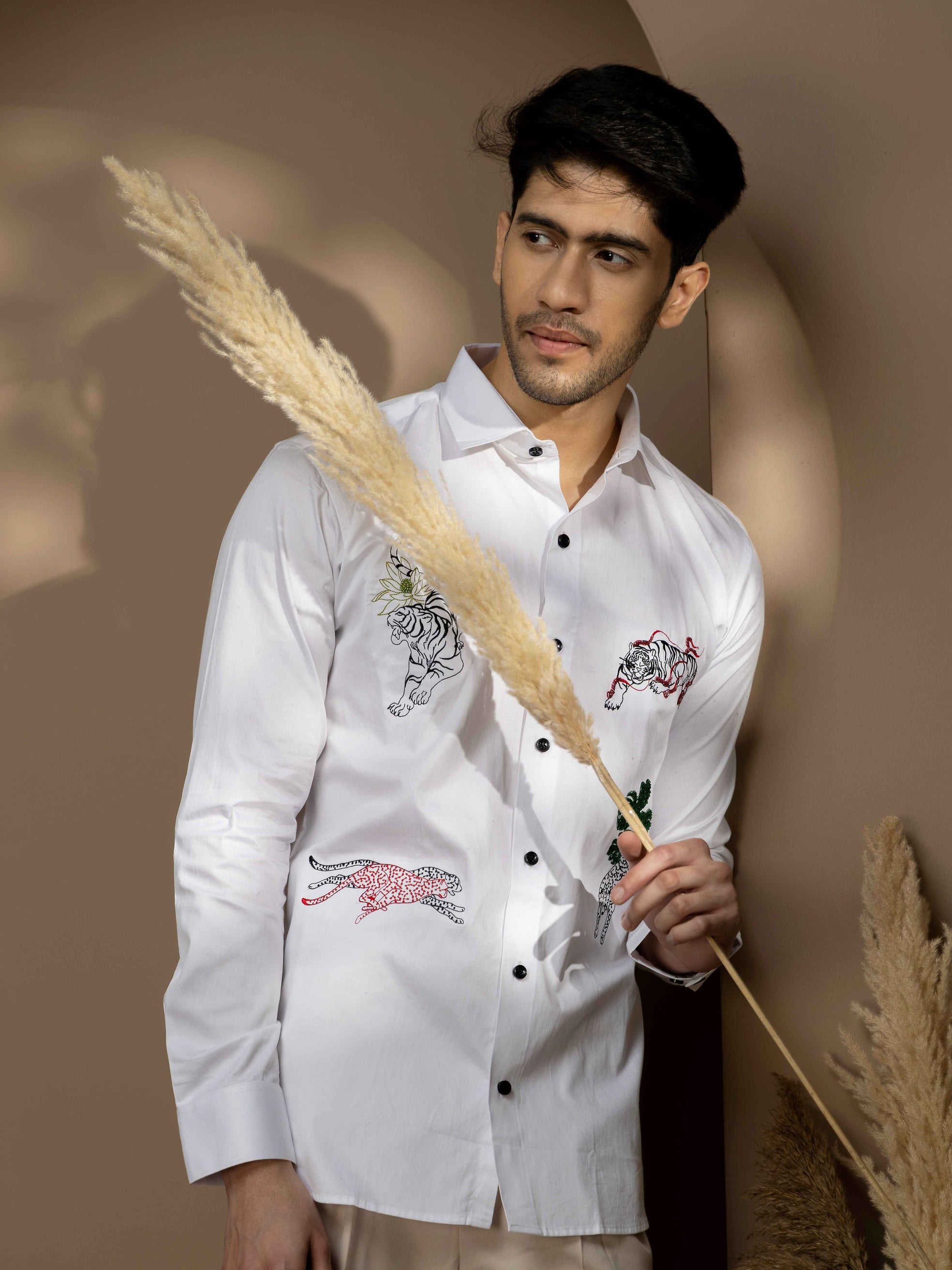 FOOMER ZOO EMBROIDERED WHITE LUXURY COTTON SHIRT FOR MEN