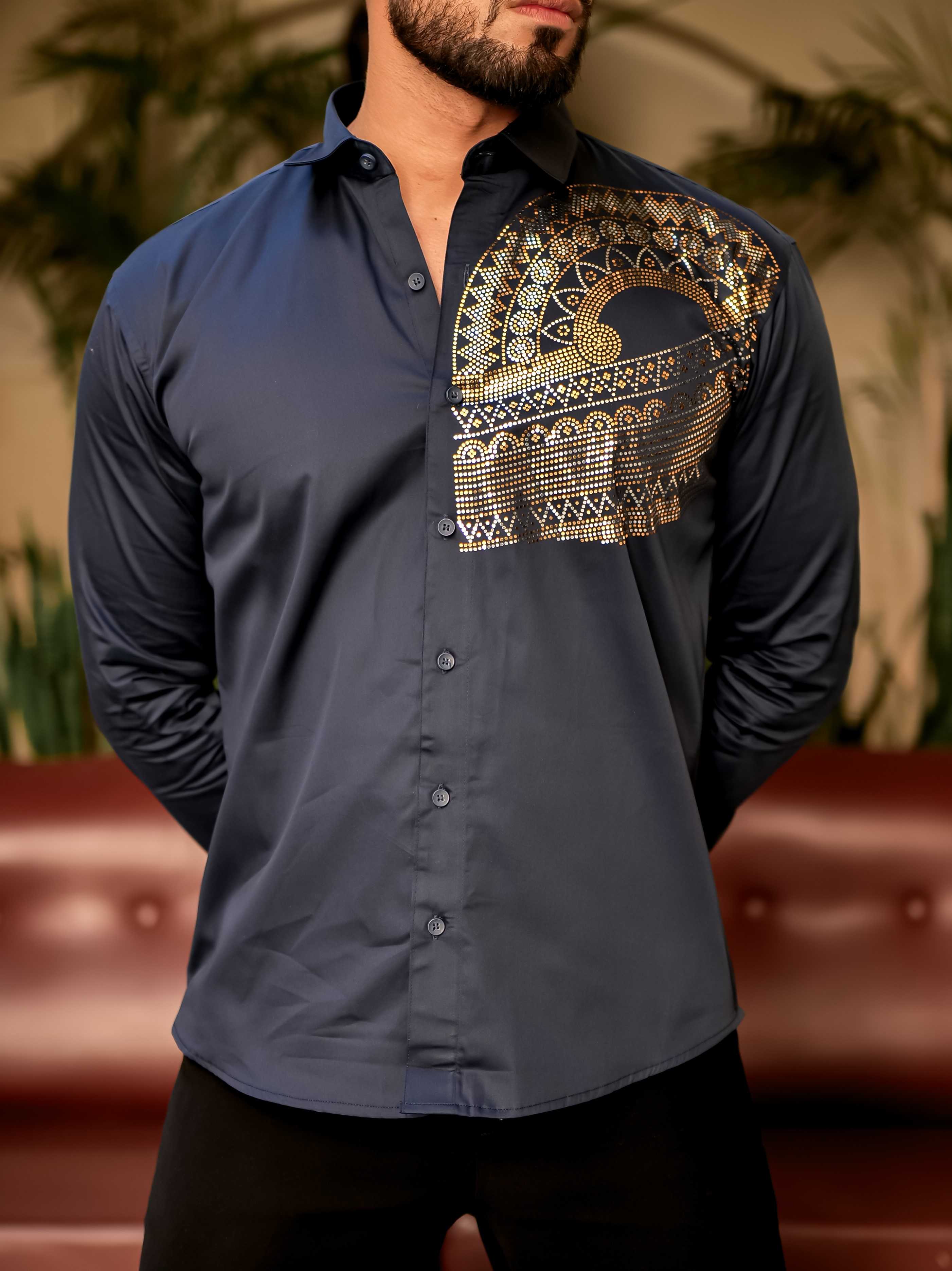 Art Navy Blue Sequence Club Wear Satin Cotton Party Shirt