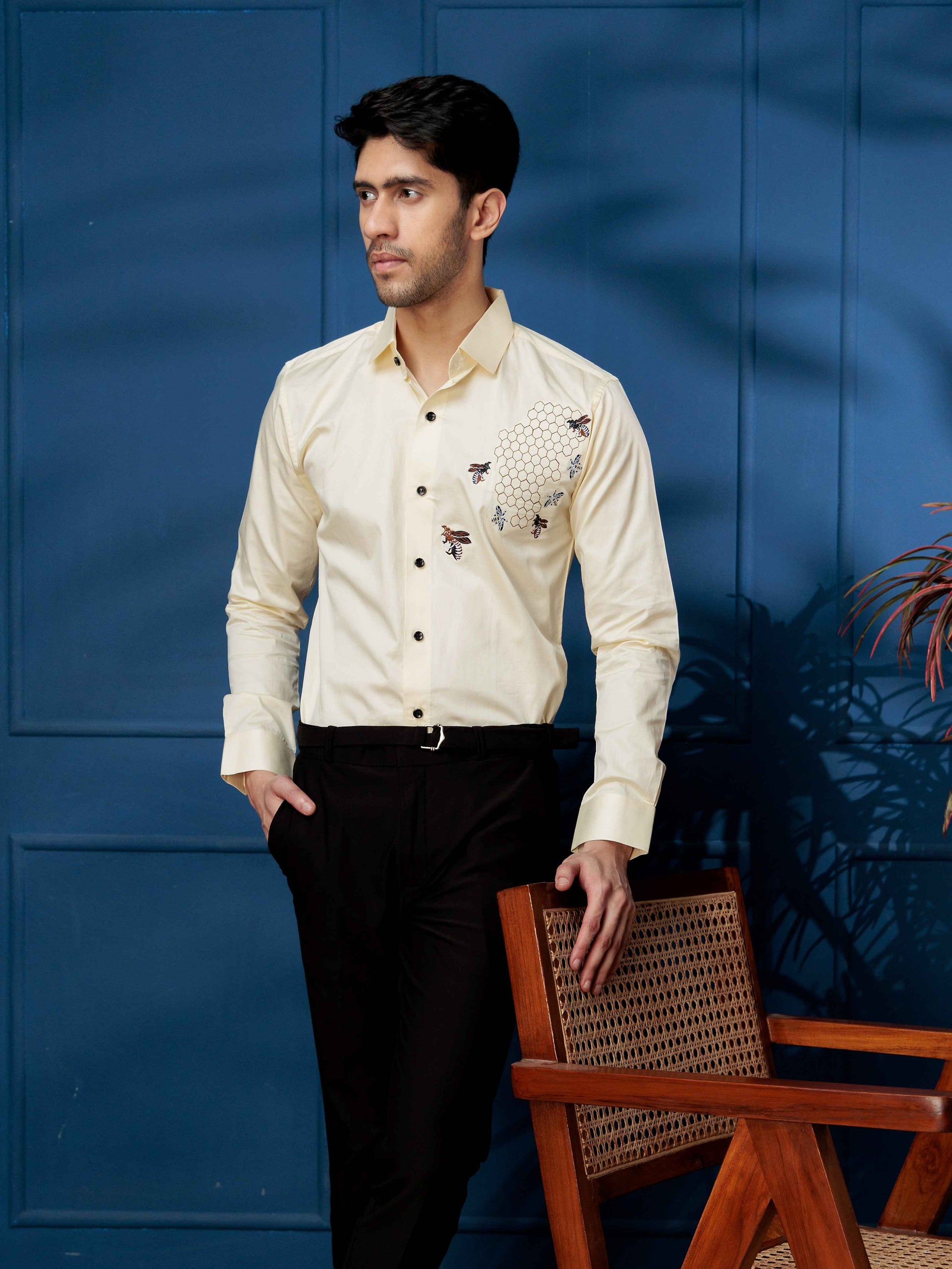 FOOMER LIGHT YELLOW HONEY BEES EMBROIDERED CLUB WEAR SATIN COTTON SHIRT