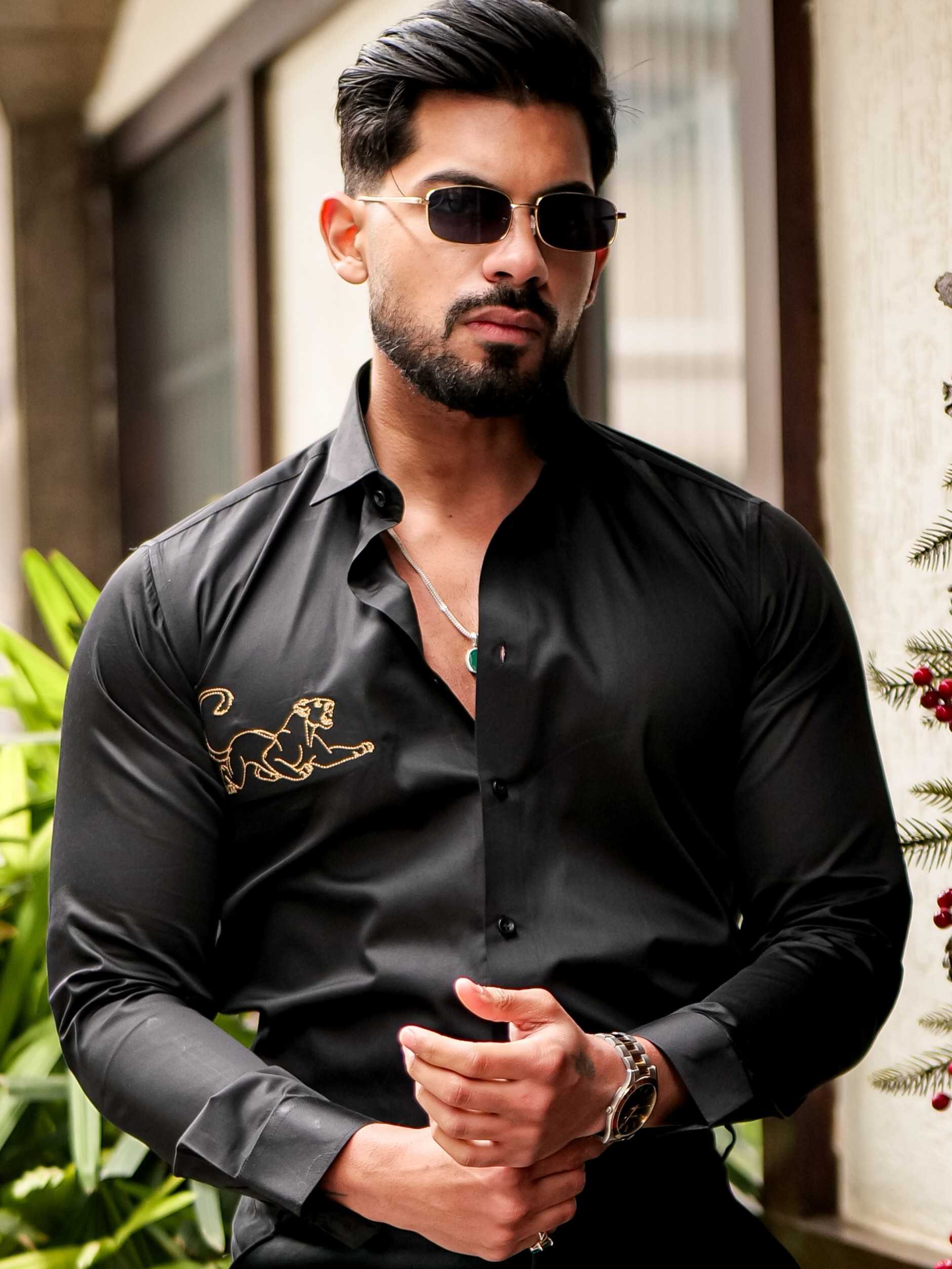 BLACK EMBROIDERED DESIGNER SATIN COTTON SHIRT FOR MEN'S