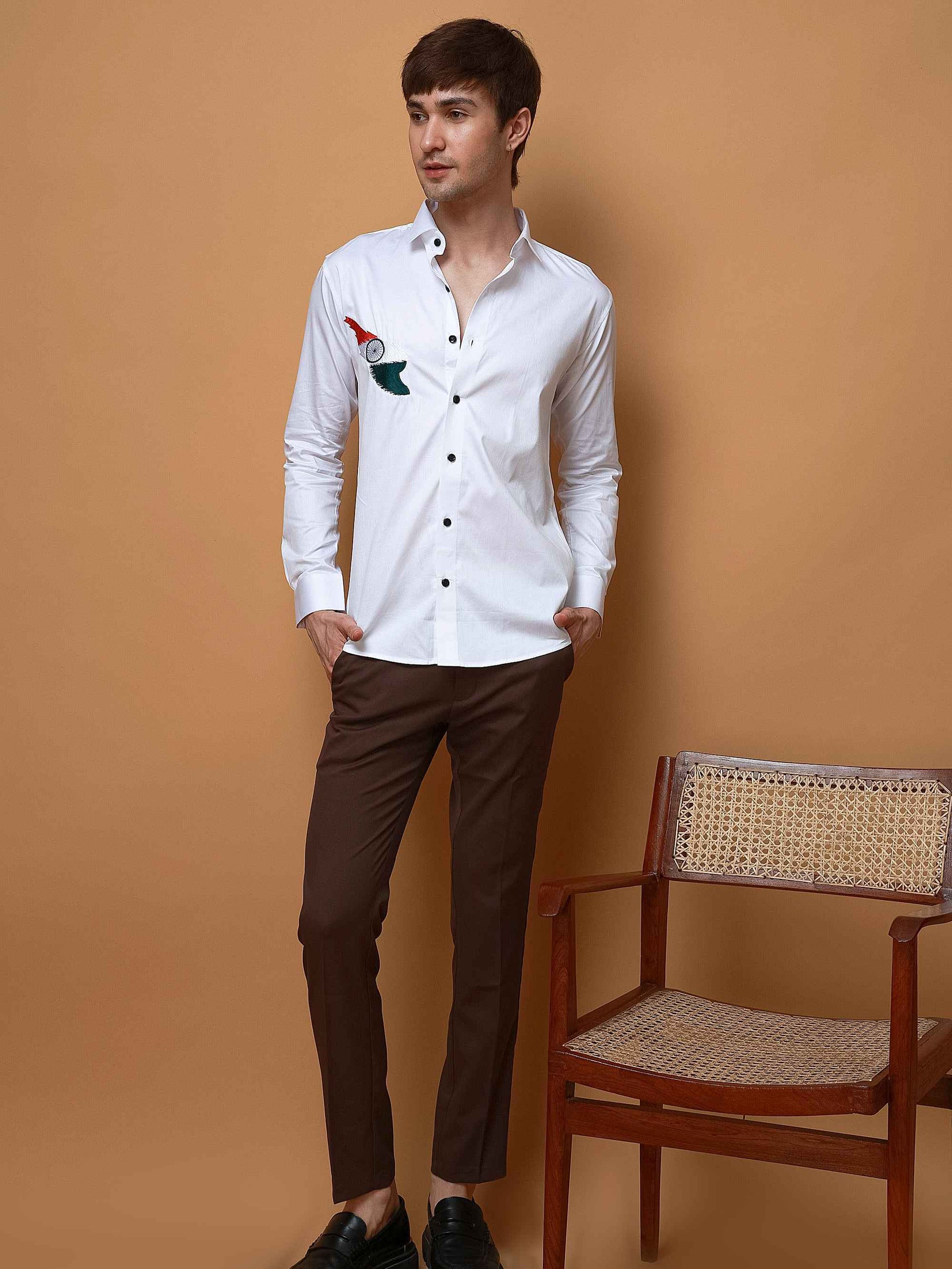 WHITE TIRANGA EMBROIDERED DESIGNER SATIN COTTON SHIRT FOR MEN'S