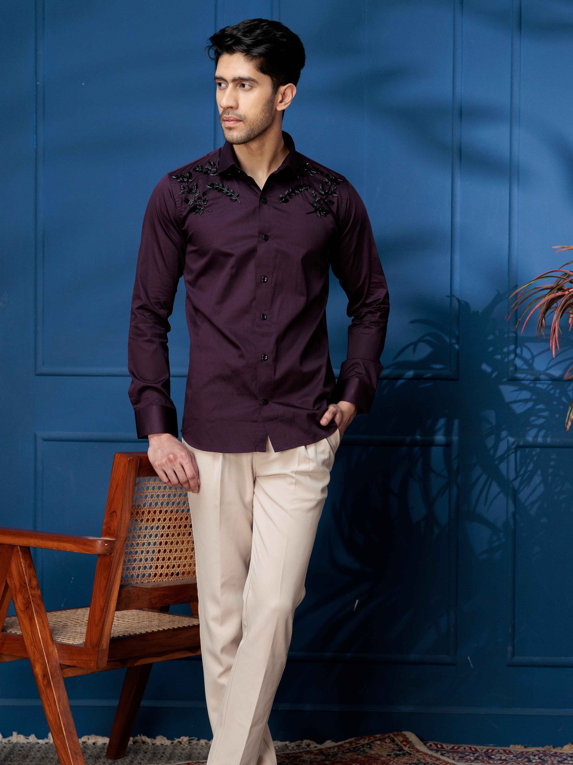 FOOMER WAVE HD RHINESTONE HAND WORK SATIN COTTON SHIRT FOR MEN