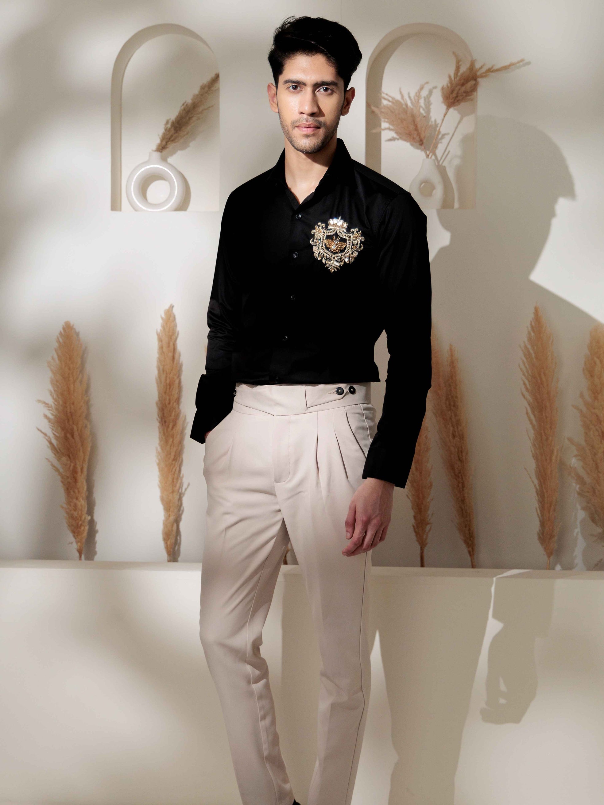 FOOMER BLACK RHINESTONE HAND WORK SATIN COTTON PREMIUM SHIRT